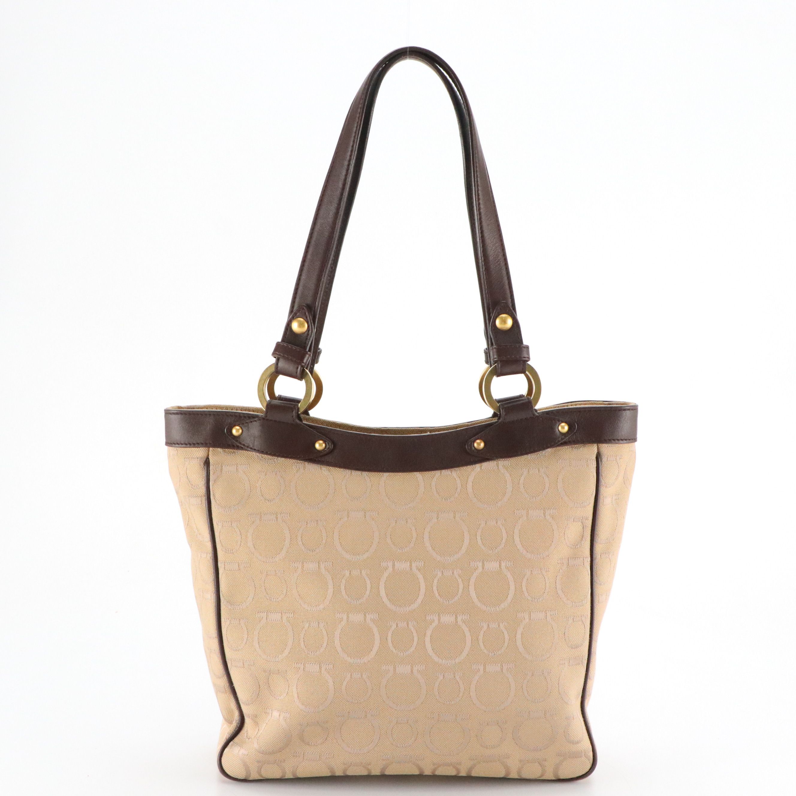 Salvatore Ferragamo Gancini Printed Jacquard Canvas and Brown Leather Zip Tote