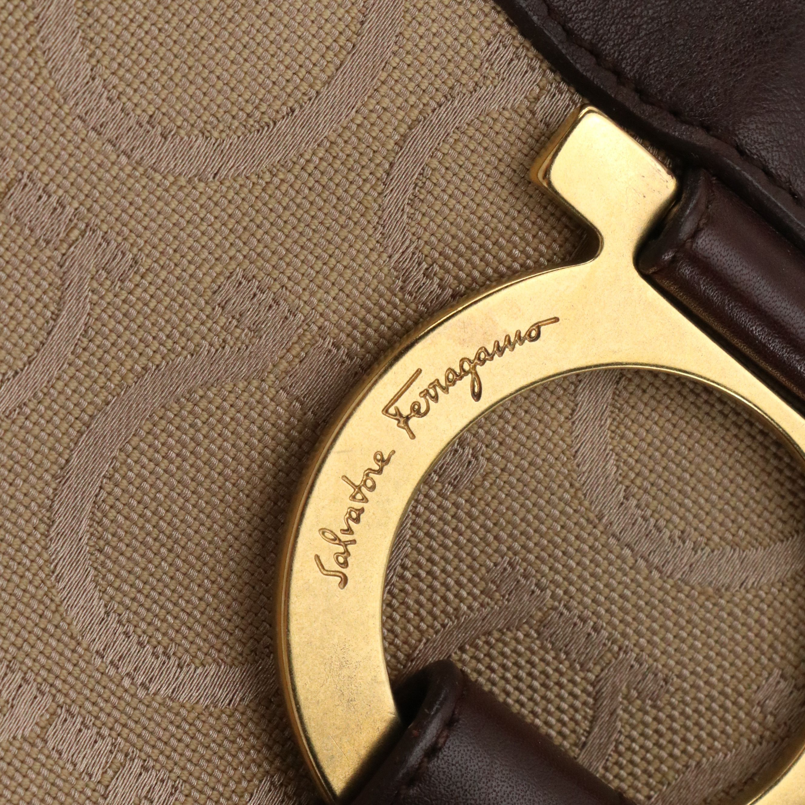 Salvatore Ferragamo Gancini Printed Jacquard Canvas and Brown Leather Zip Tote