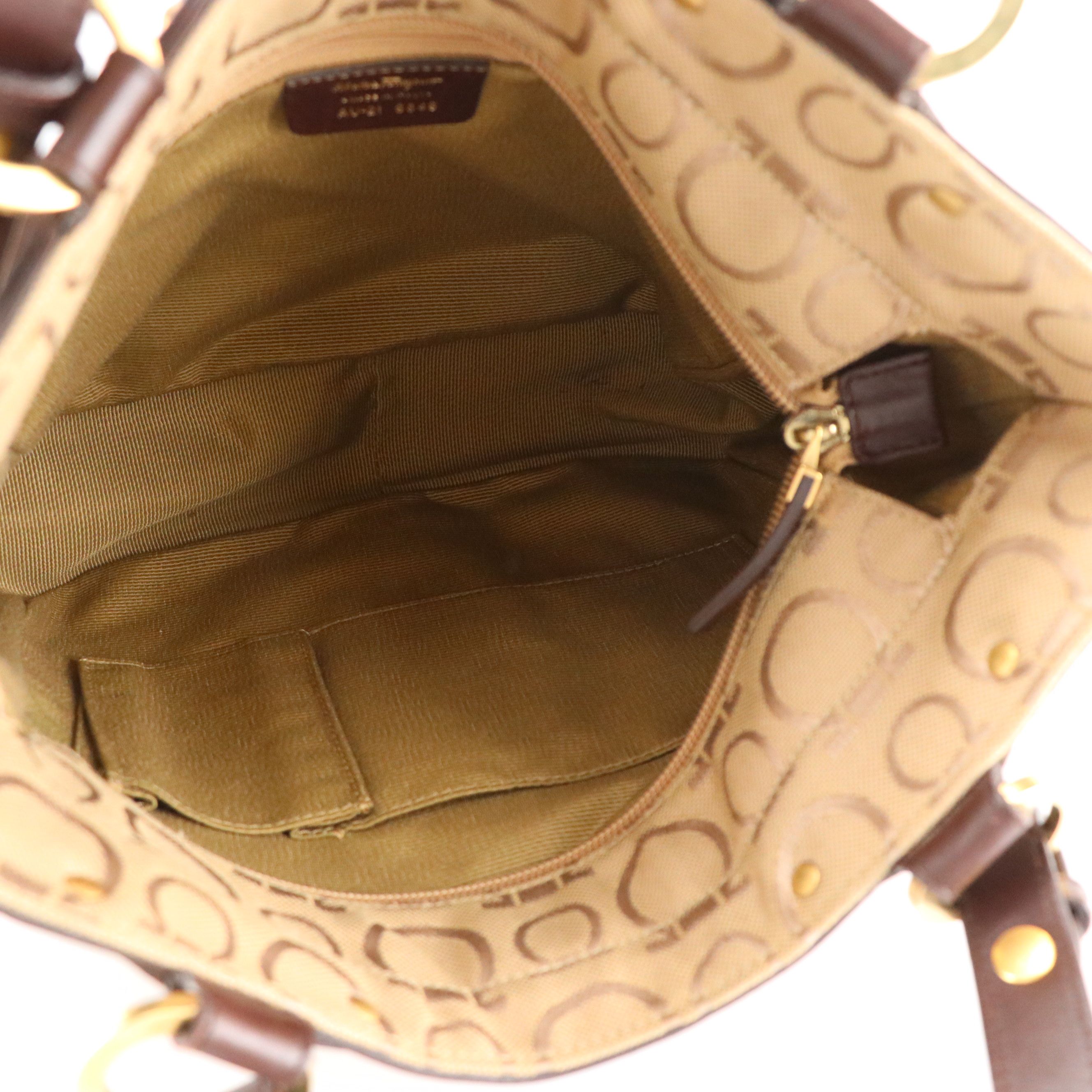 Salvatore Ferragamo Gancini Printed Jacquard Canvas and Brown Leather Zip Tote