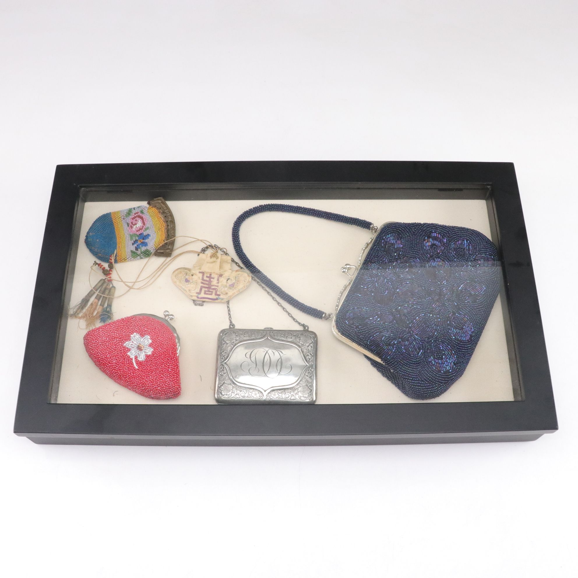 Sterling Silver, Beaded & Embellished Evening Bags & Coin Purses in Shadow Box