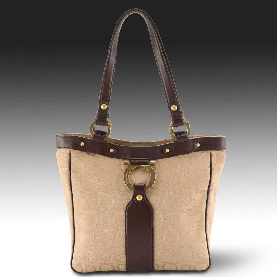 Salvatore Ferragamo Gancini Printed Jacquard Canvas and Brown Leather Zip Tote