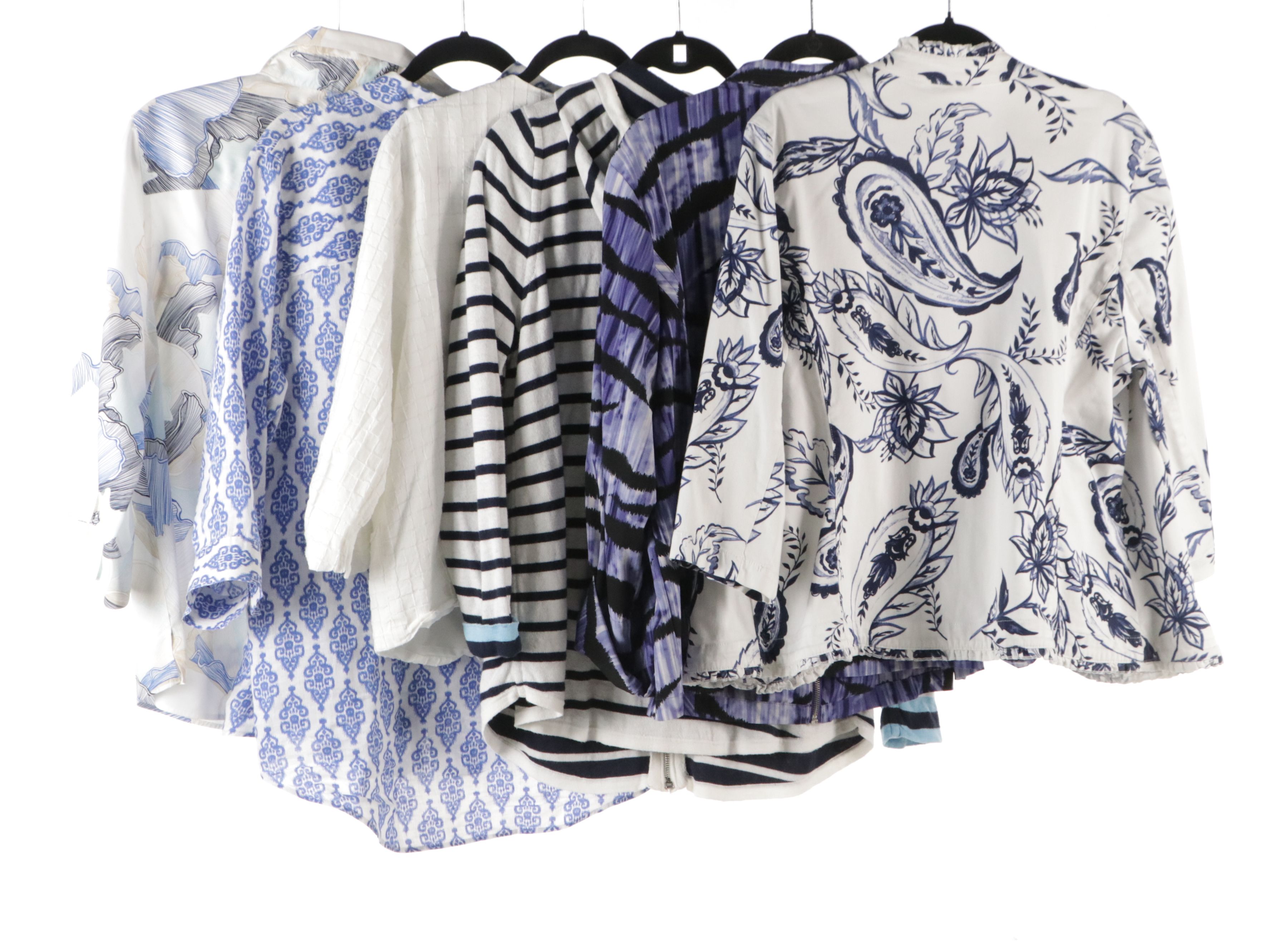 Chico's Patterned Cotton and Linen Blouses, Striped Knit Zip Jacket, and More