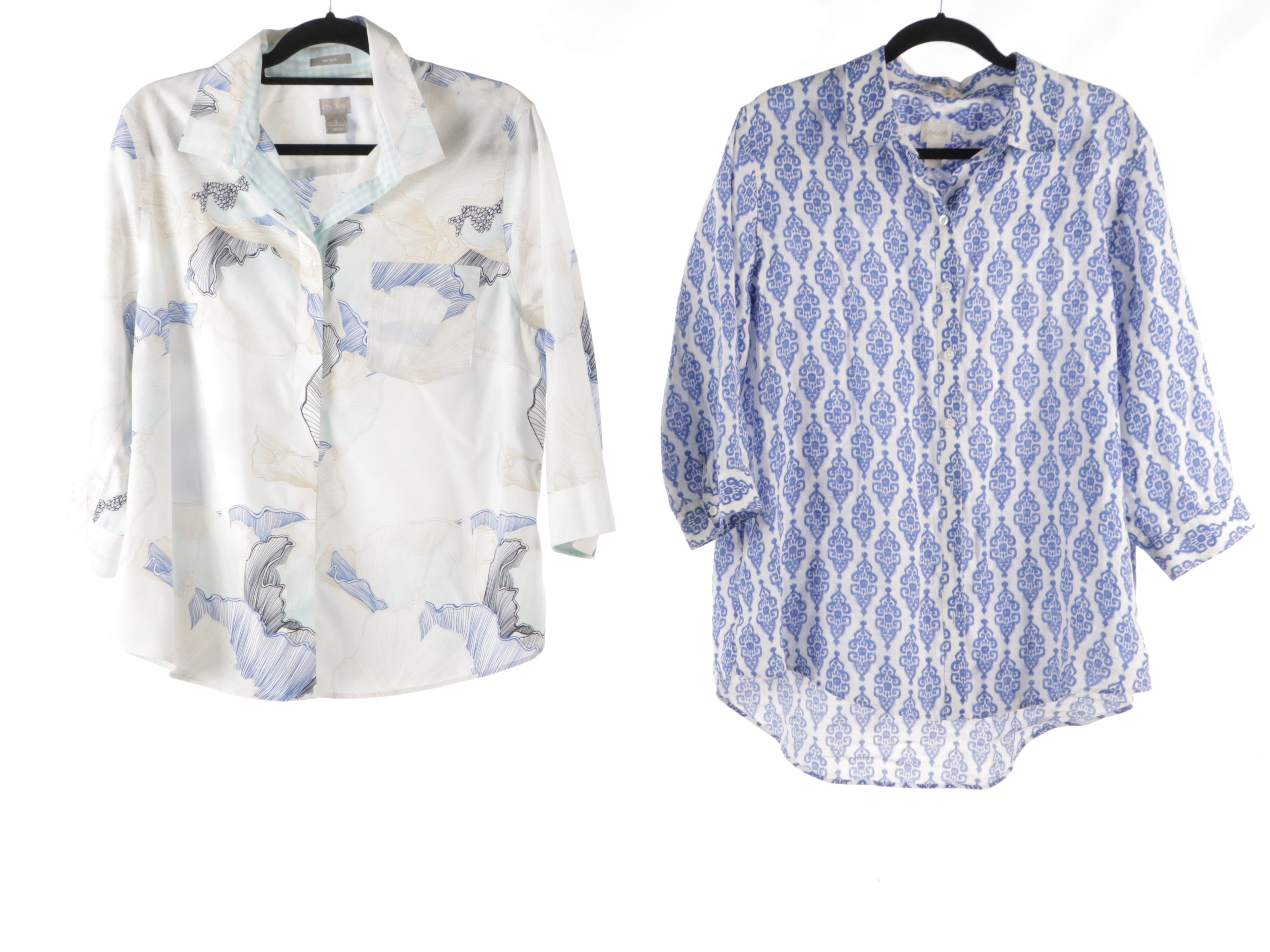 Chico's Patterned Cotton and Linen Blouses, Striped Knit Zip Jacket, and More