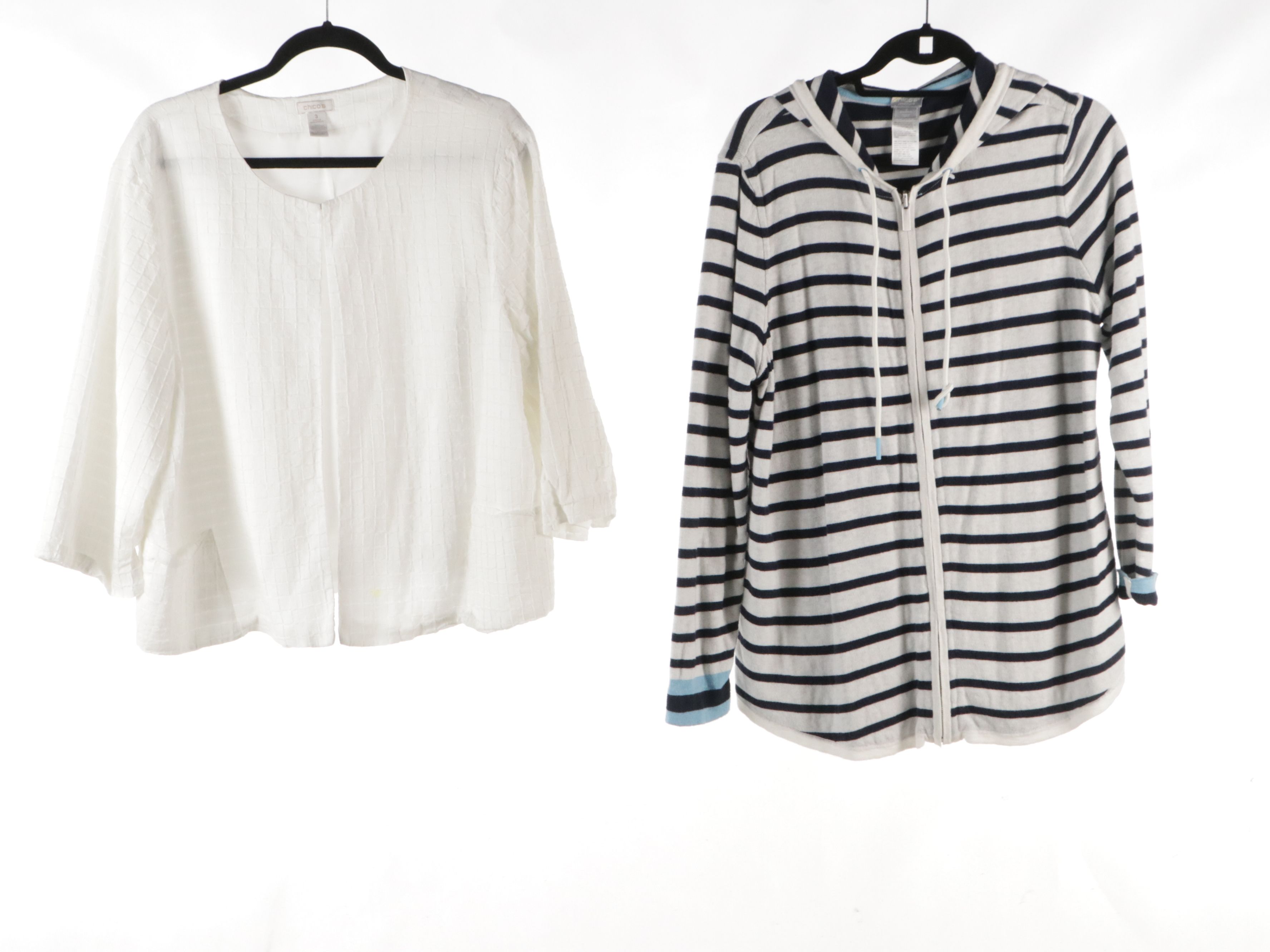 Chico's Patterned Cotton and Linen Blouses, Striped Knit Zip Jacket, and More