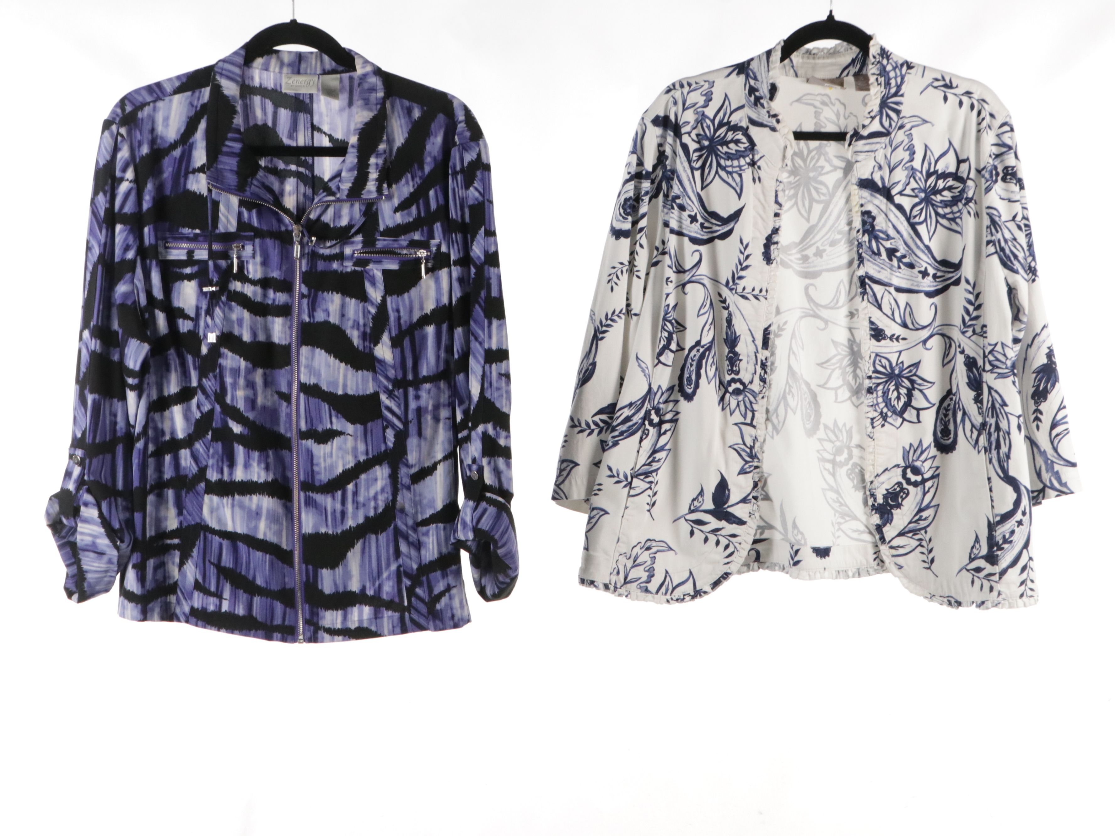 Chico's Patterned Cotton and Linen Blouses, Striped Knit Zip Jacket, and More