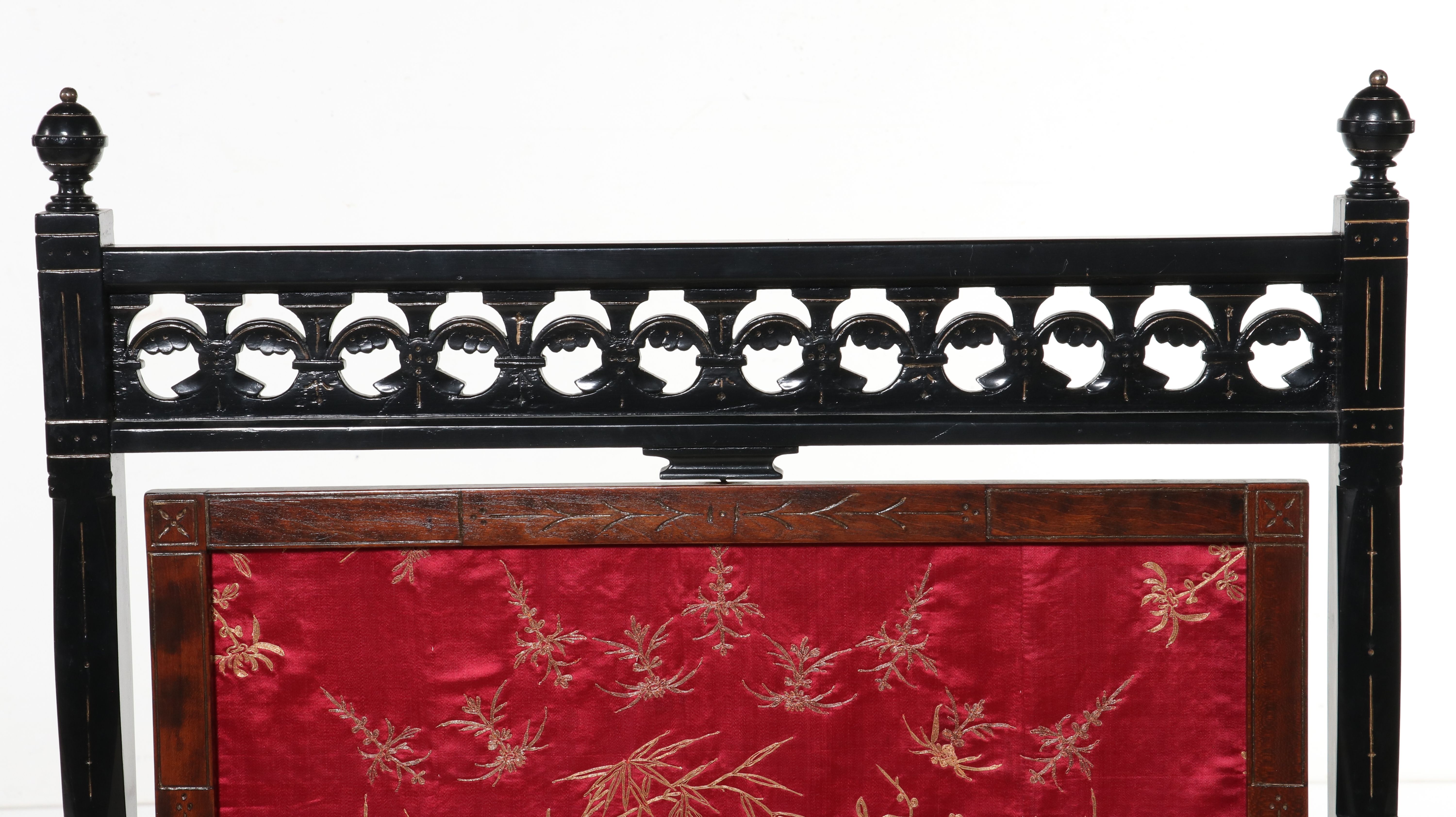 Aesthetic Movement Ebonized Wood and Silk Fireplace Screen