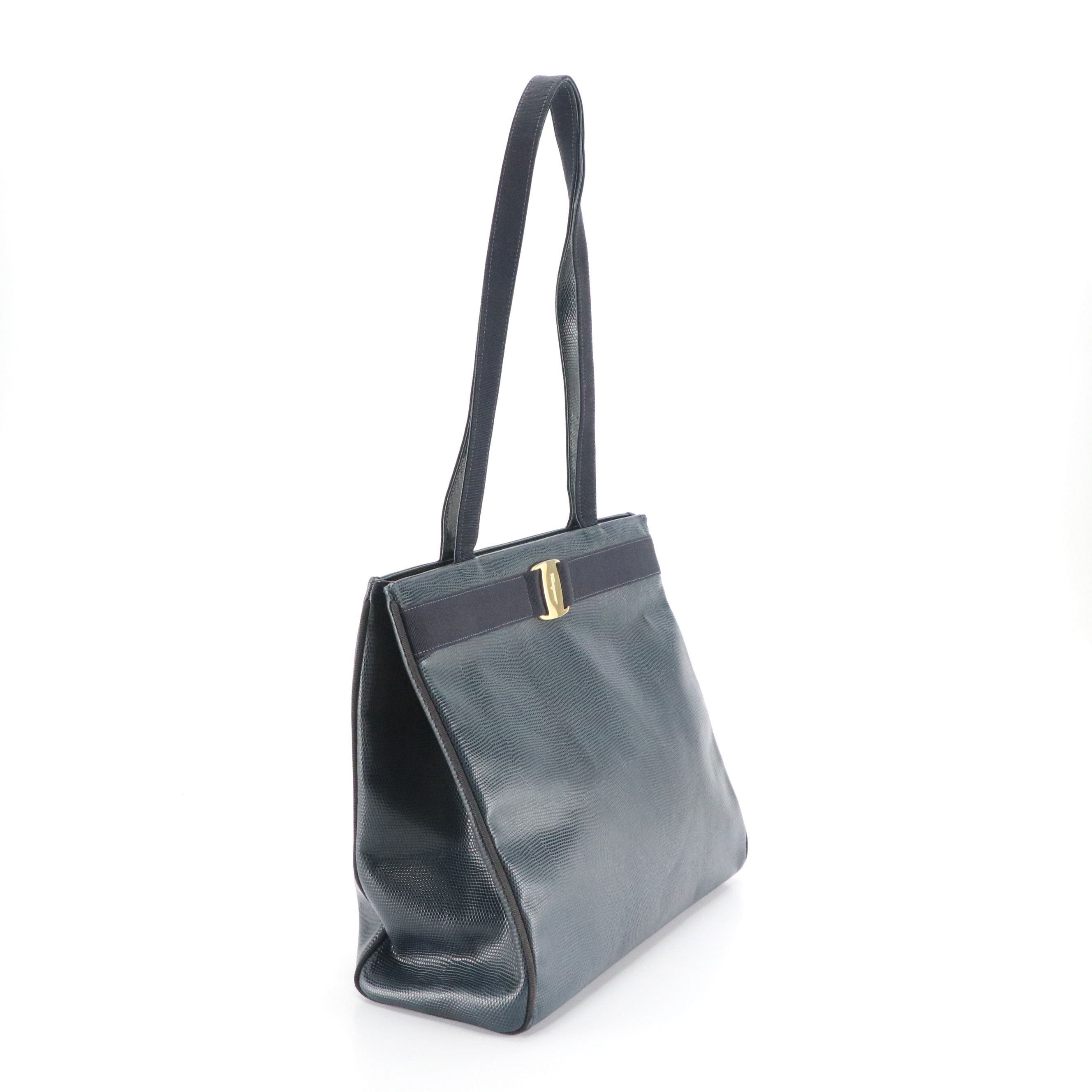 Salvatore Ferragamo Vara Bow Tote Bag in Navy Blue Lizard Embossed Leather