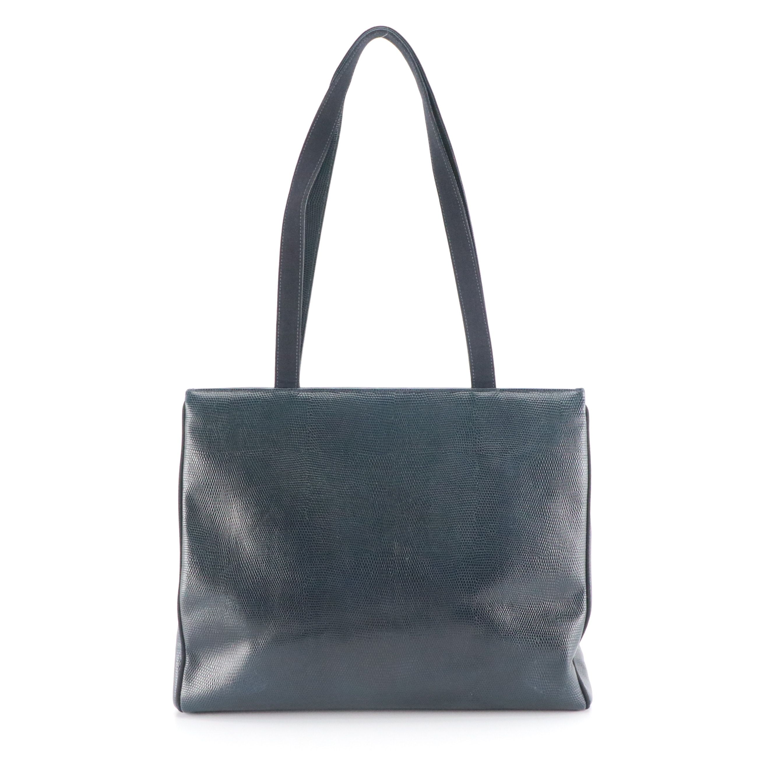 Salvatore Ferragamo Vara Bow Tote Bag in Navy Blue Lizard Embossed Leather
