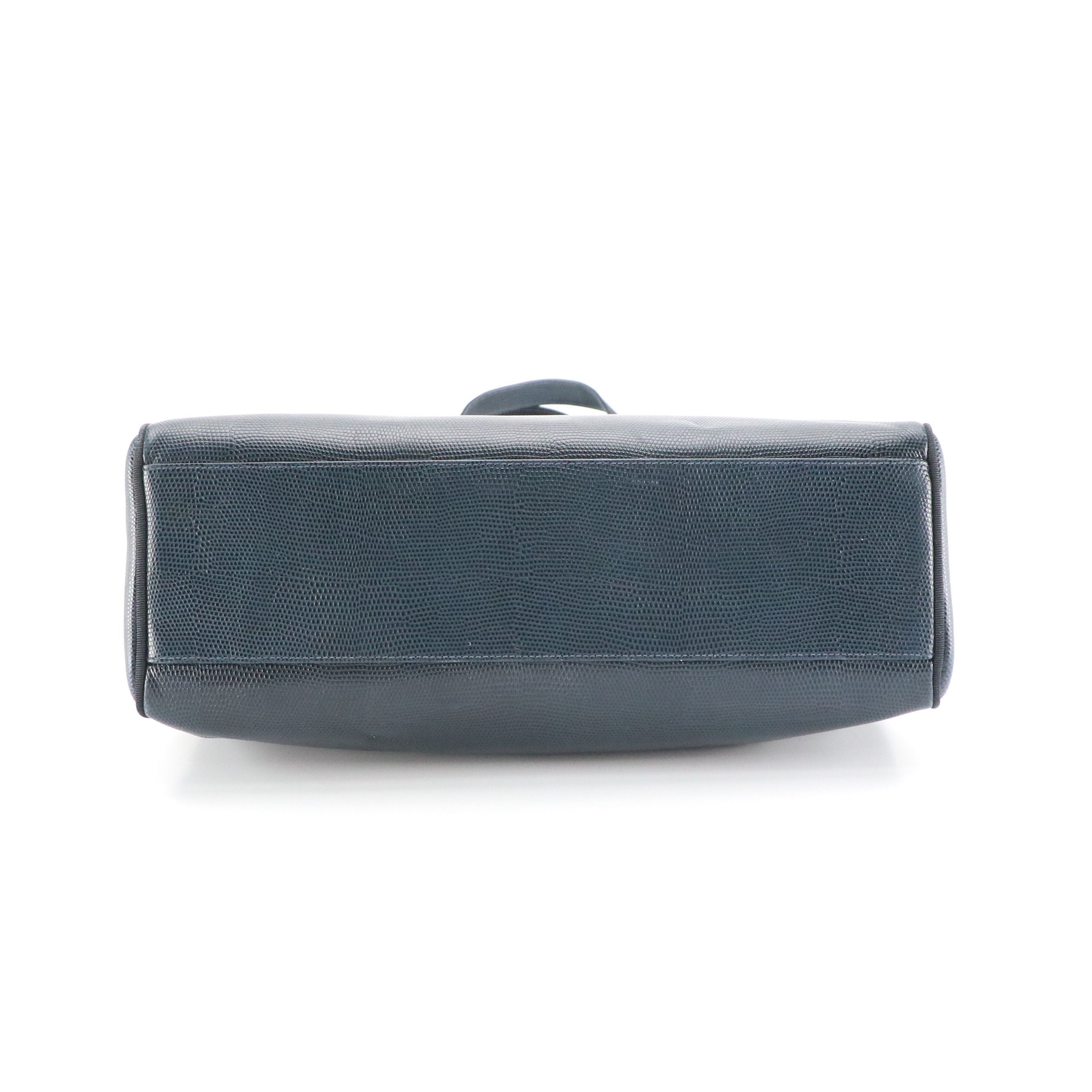 Salvatore Ferragamo Vara Bow Tote Bag in Navy Blue Lizard Embossed Leather