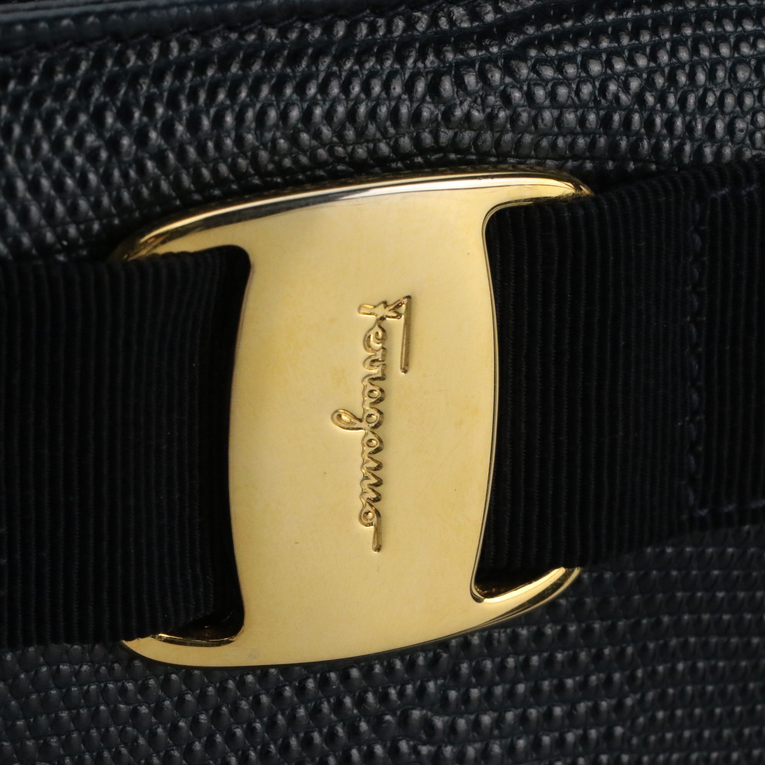 Salvatore Ferragamo Vara Bow Tote Bag in Navy Blue Lizard Embossed Leather