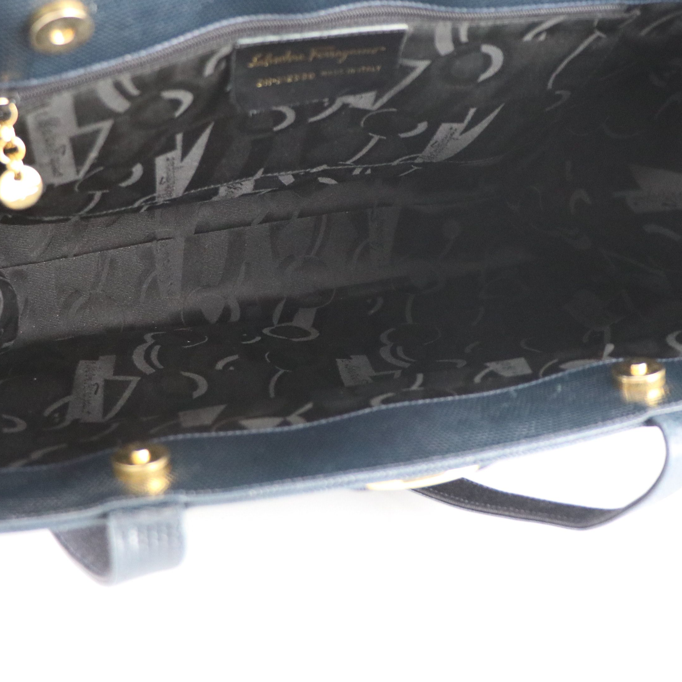 Salvatore Ferragamo Vara Bow Tote Bag in Navy Blue Lizard Embossed Leather