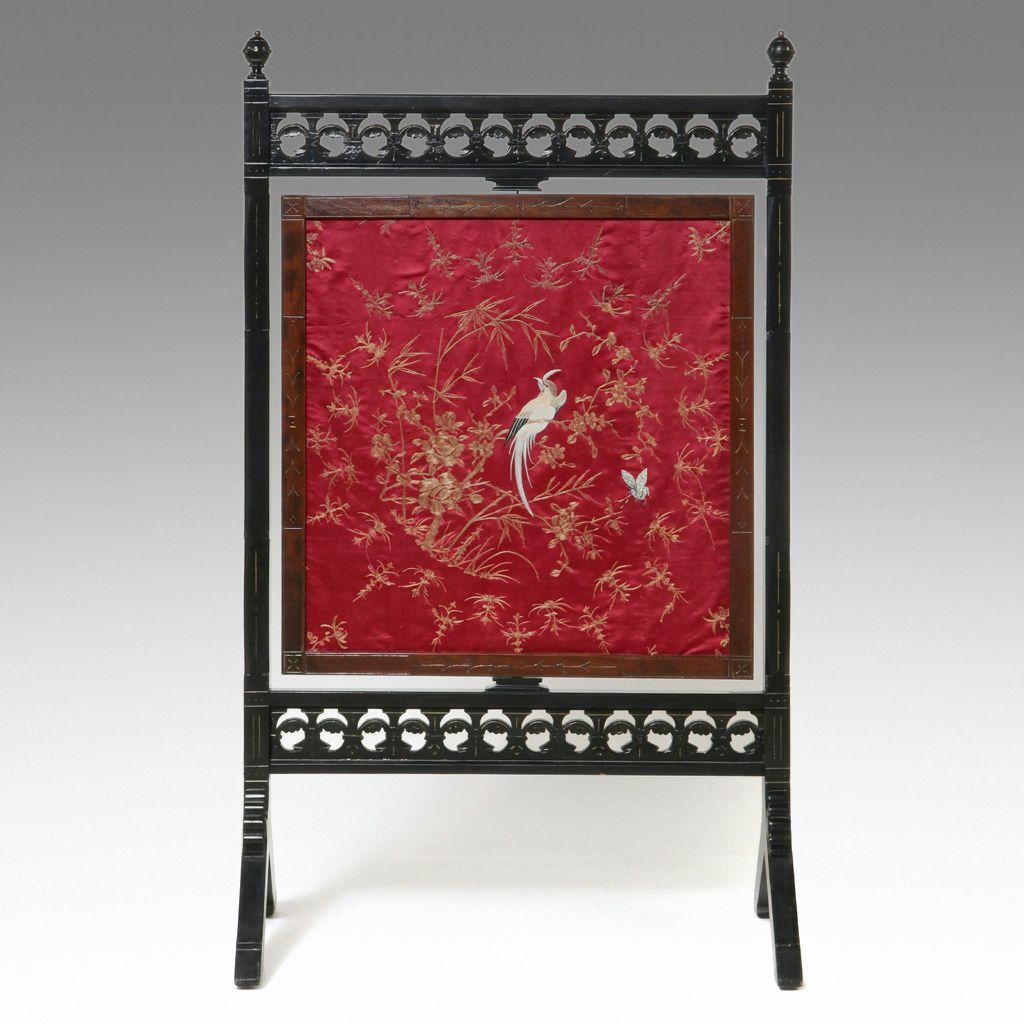 Aesthetic Movement Ebonized Wood and Silk Fireplace Screen