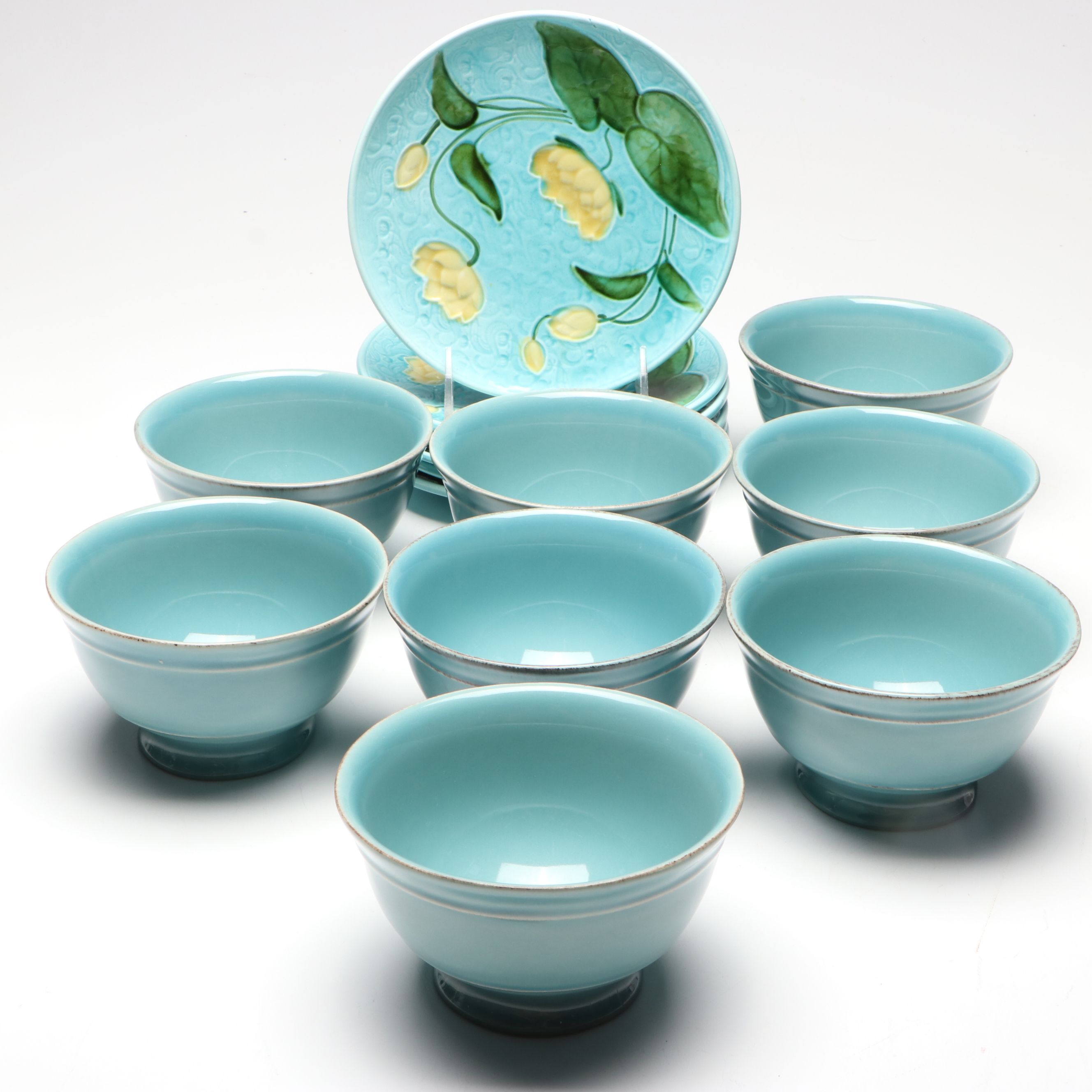 Schramberg German Art Nouveau Majolica Water Lily Plates with Pottery Barn Bowls