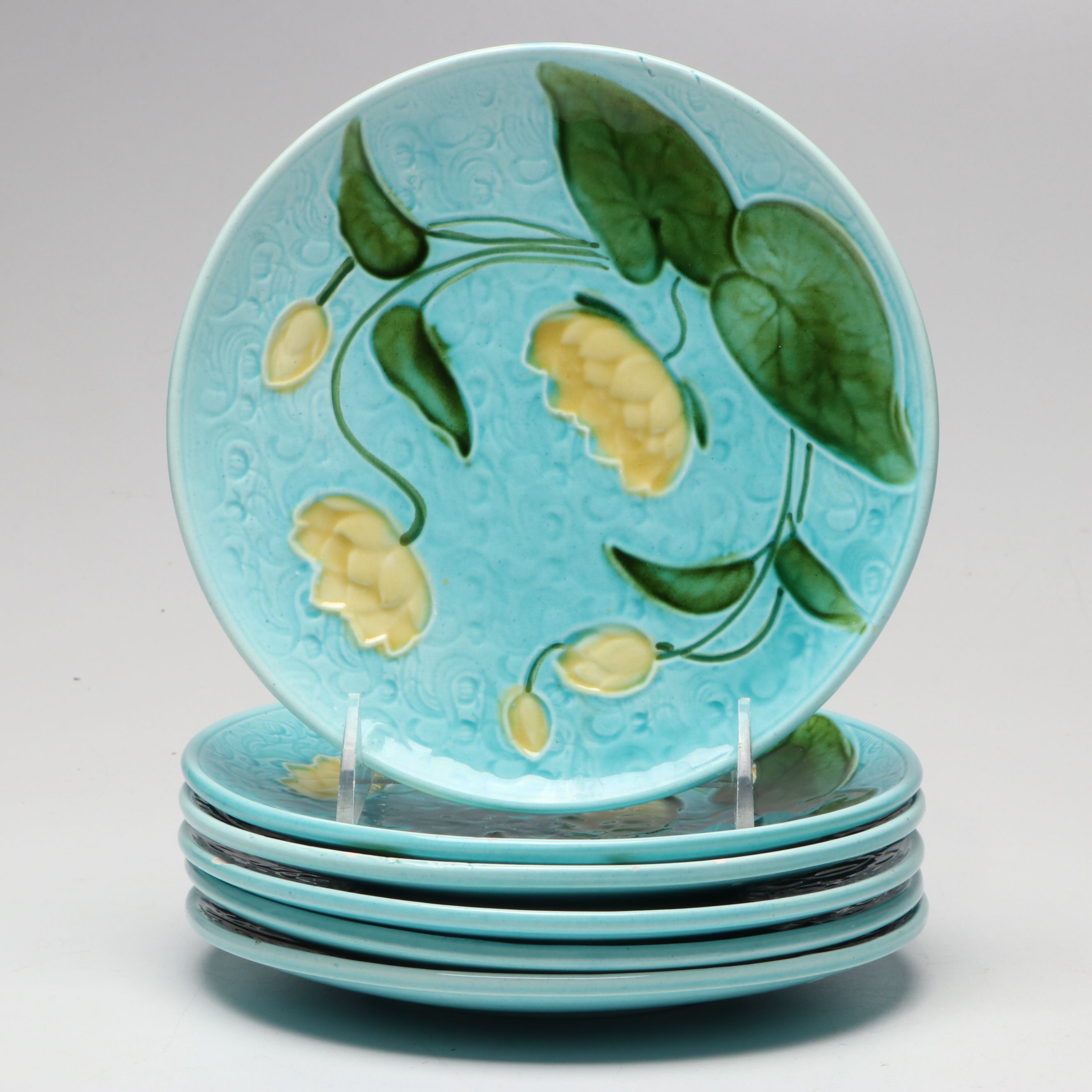 Schramberg German Art Nouveau Majolica Water Lily Plates with Pottery Barn Bowls