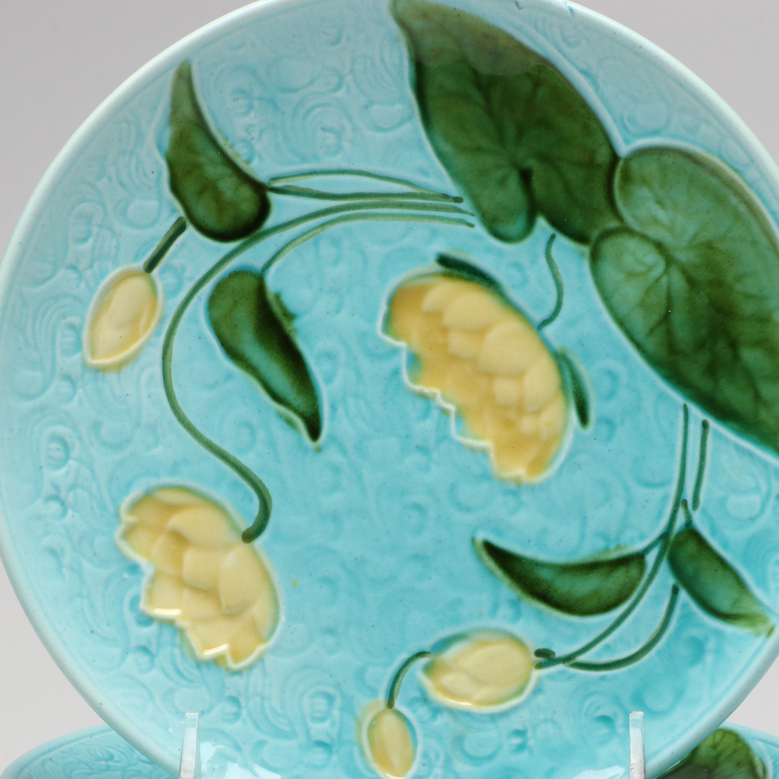 Schramberg German Art Nouveau Majolica Water Lily Plates with Pottery Barn Bowls