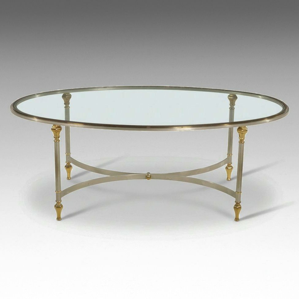Modernist Oval Glass Top Coffee Table with Steel and Brass Base