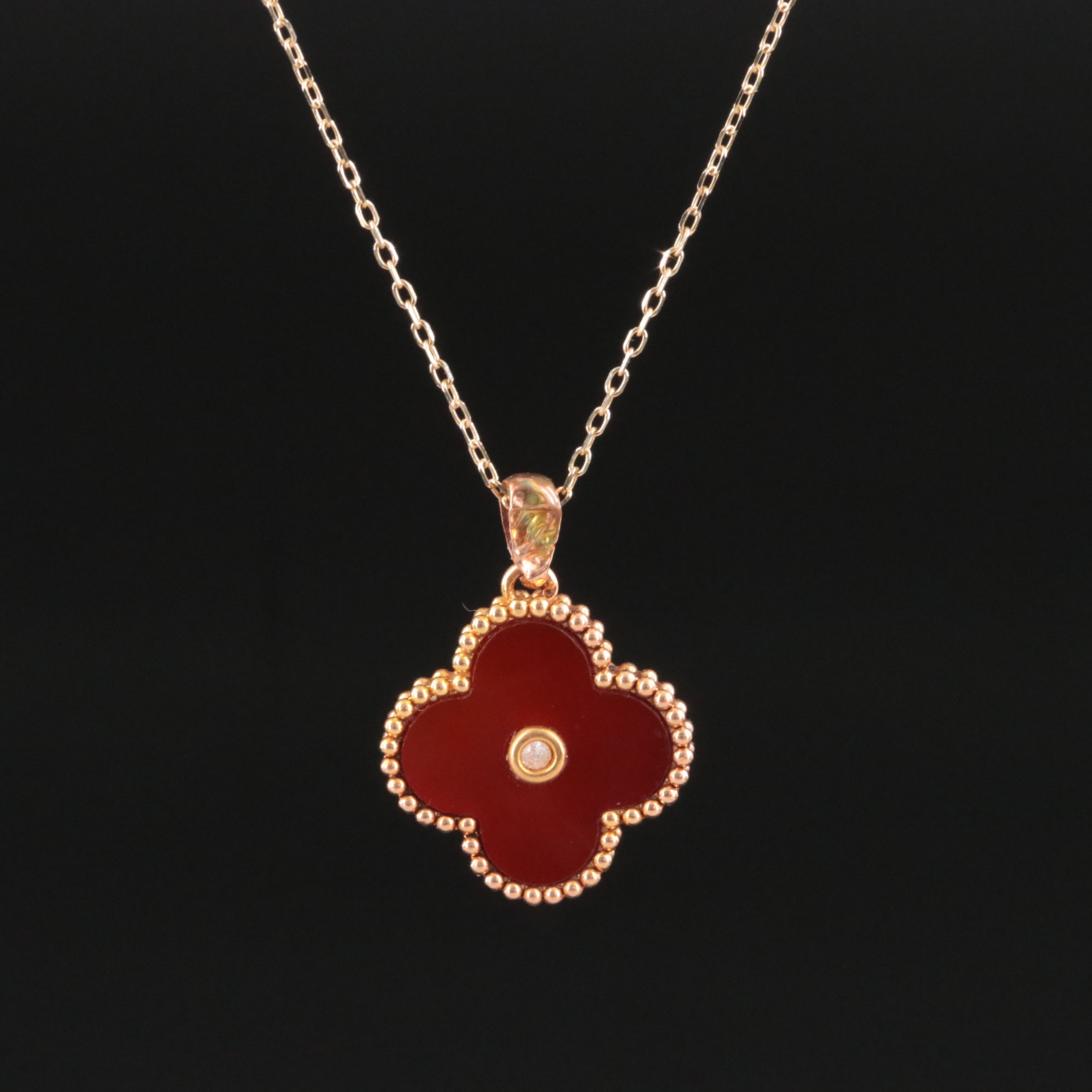18K Carnelian and Diamond Quatrefoil Pendant Necklace