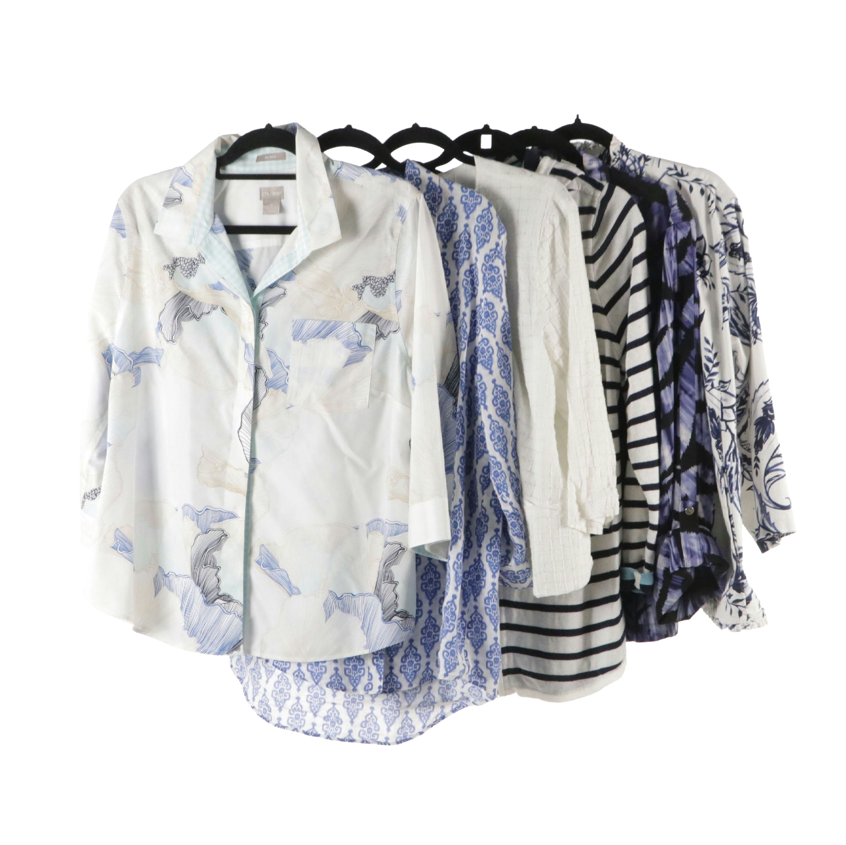 Chico's Patterned Cotton and Linen Blouses, Striped Knit Zip Jacket, and More