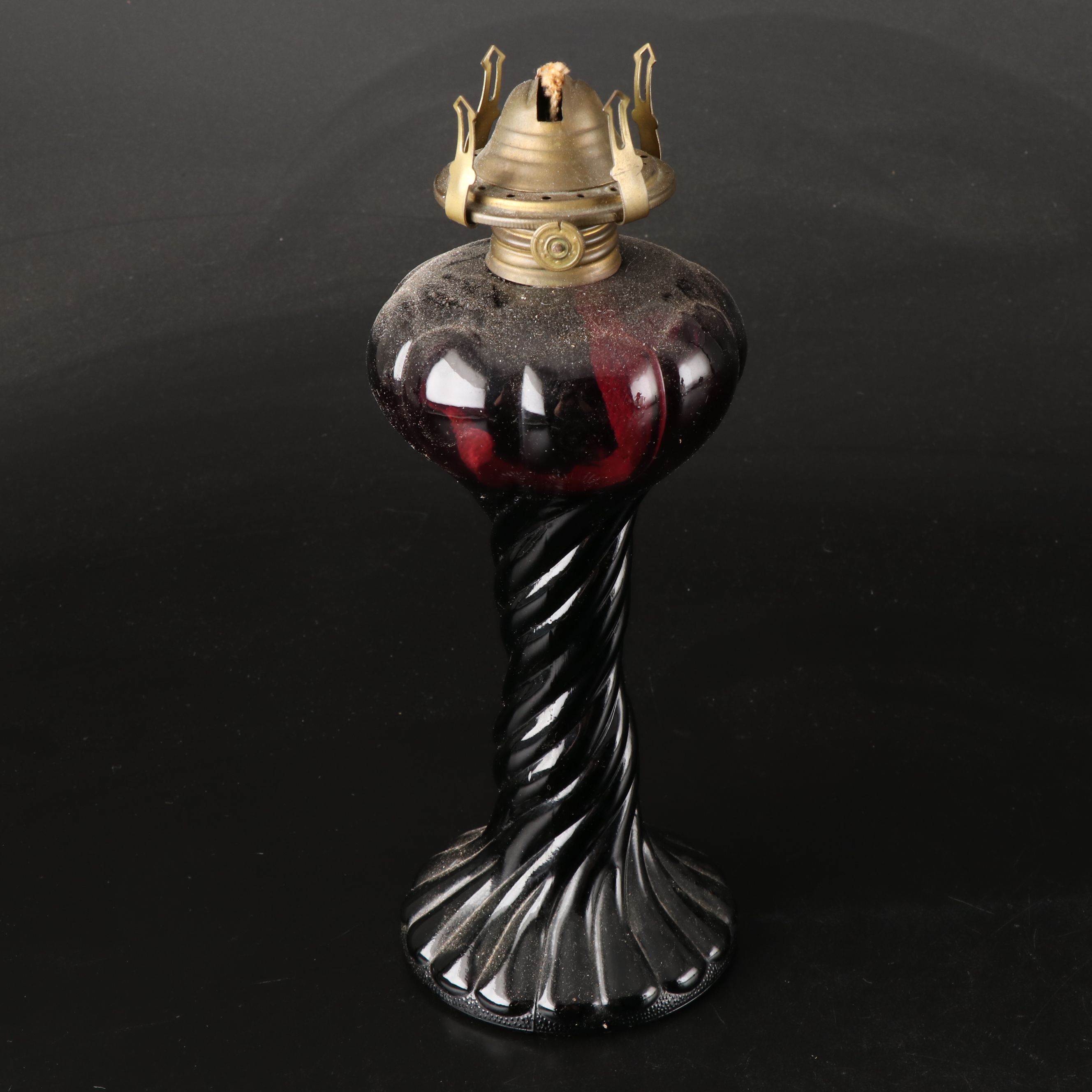 Ruby Spiral Pressed Glass and Eight-Panel Clear Pressed Glass Oil Lamps