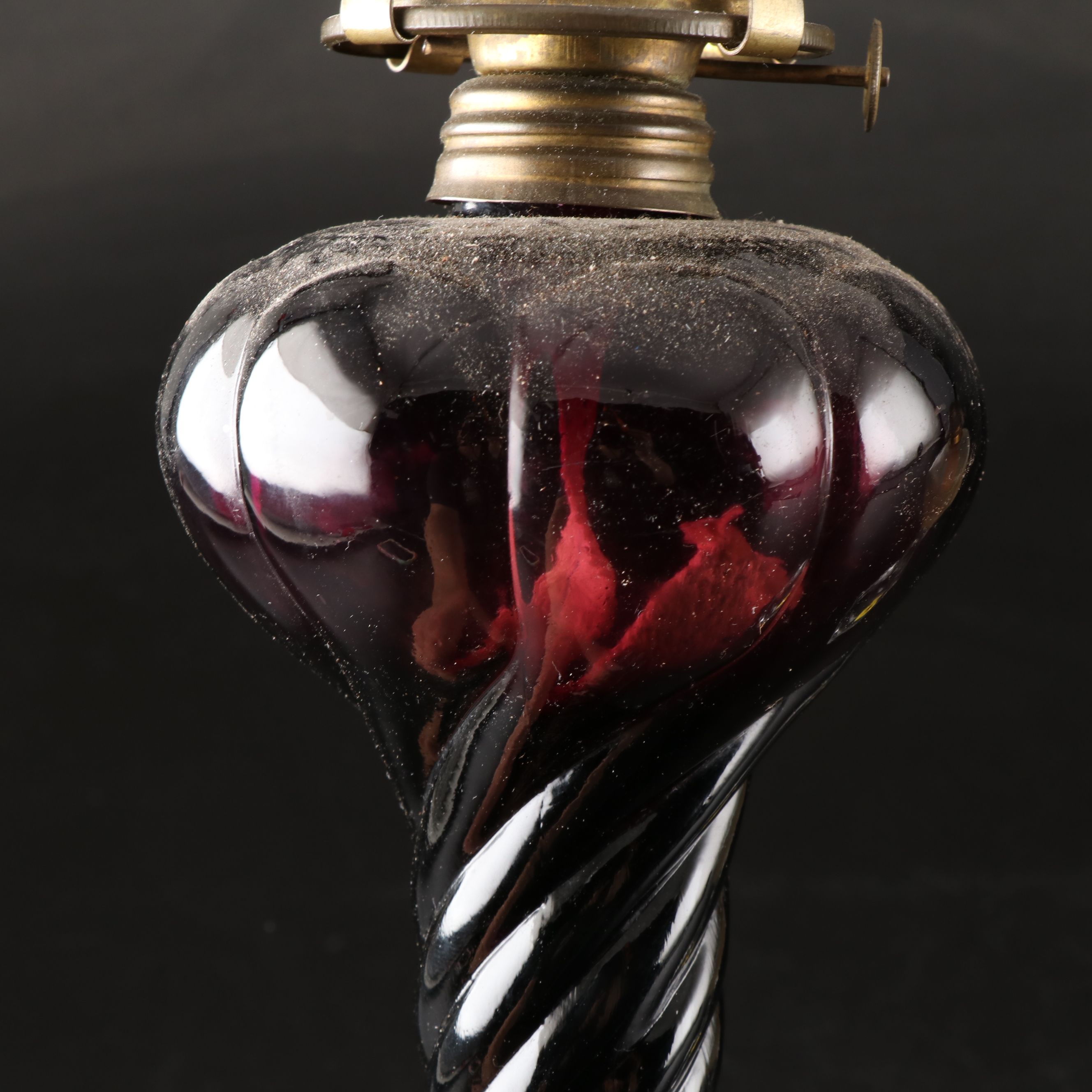 Ruby Spiral Pressed Glass and Eight-Panel Clear Pressed Glass Oil Lamps