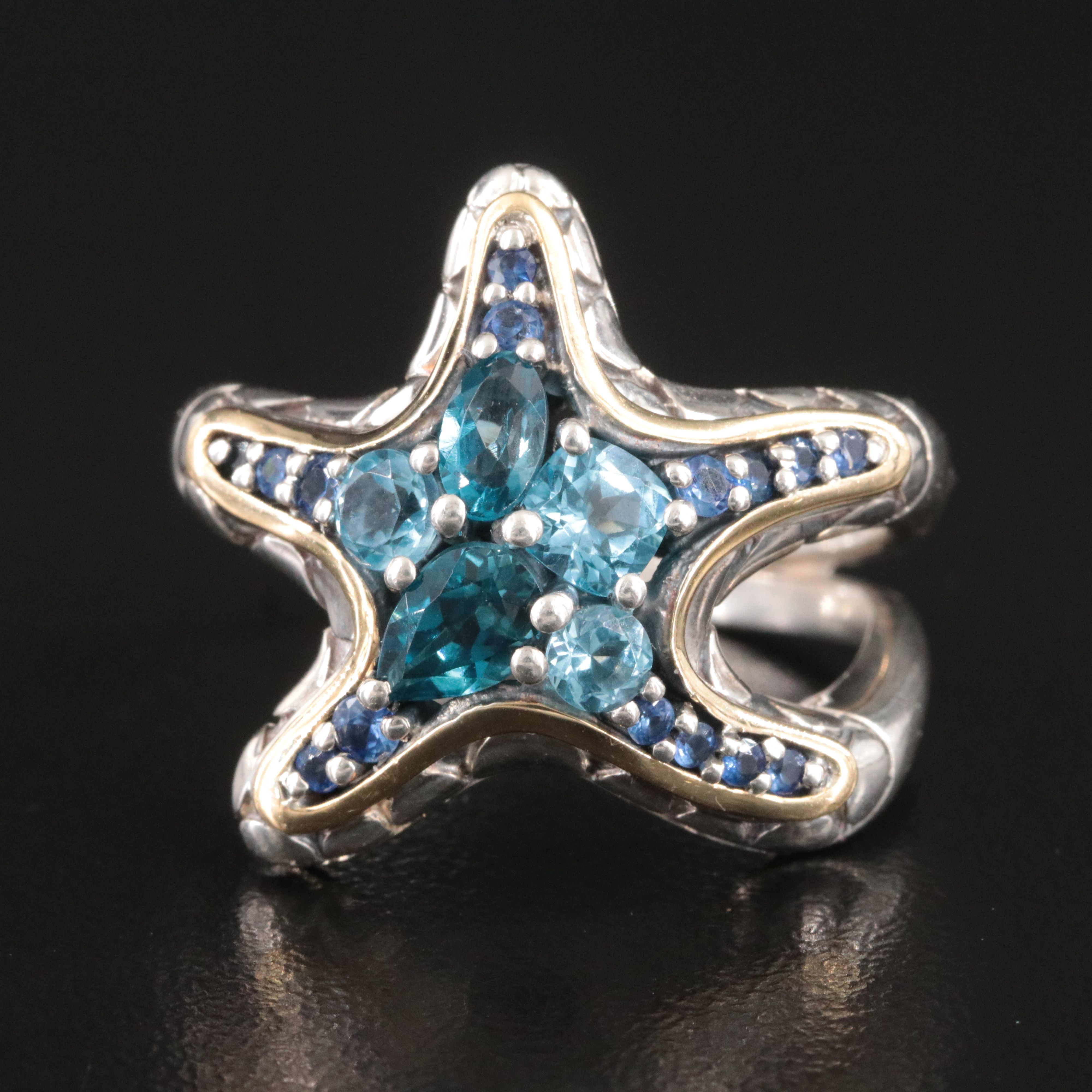 Effy Sterling Blue Topaz and Sapphire Starfish Ring with 18K Accents