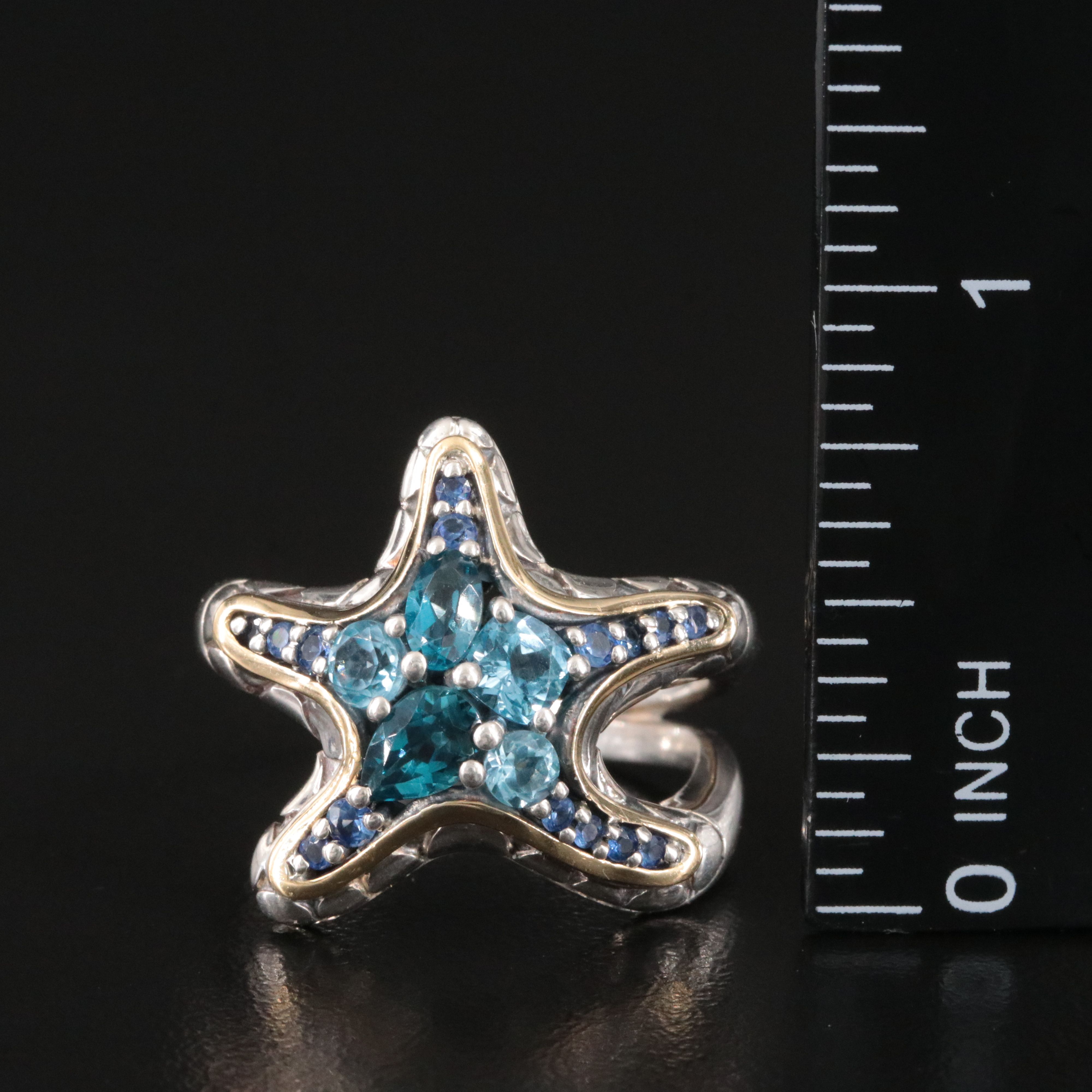 Effy Sterling Blue Topaz and Sapphire Starfish Ring with 18K Accents