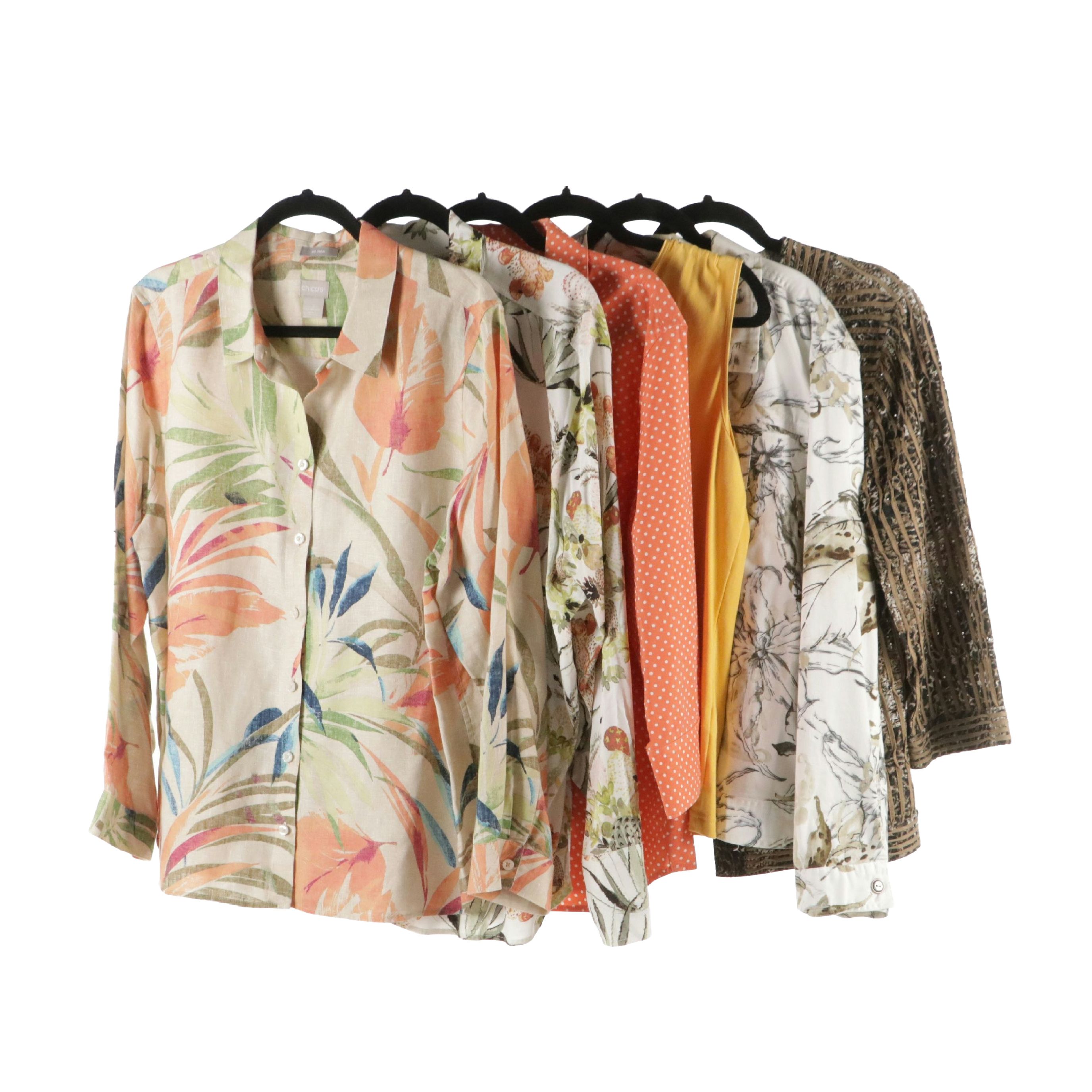 Chico's Linen and Cotton Printed Long Sleeve Button-Down Tops, Zip Jacket & More