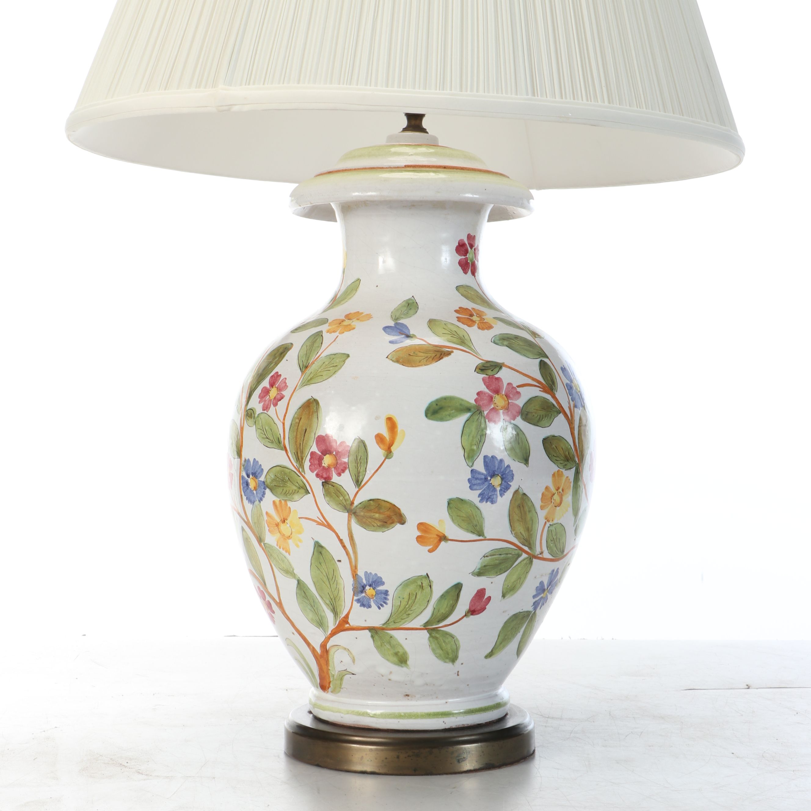Hand-Painted Floral Motif Ceramic Table Lamp with Shirred Cotton Shade