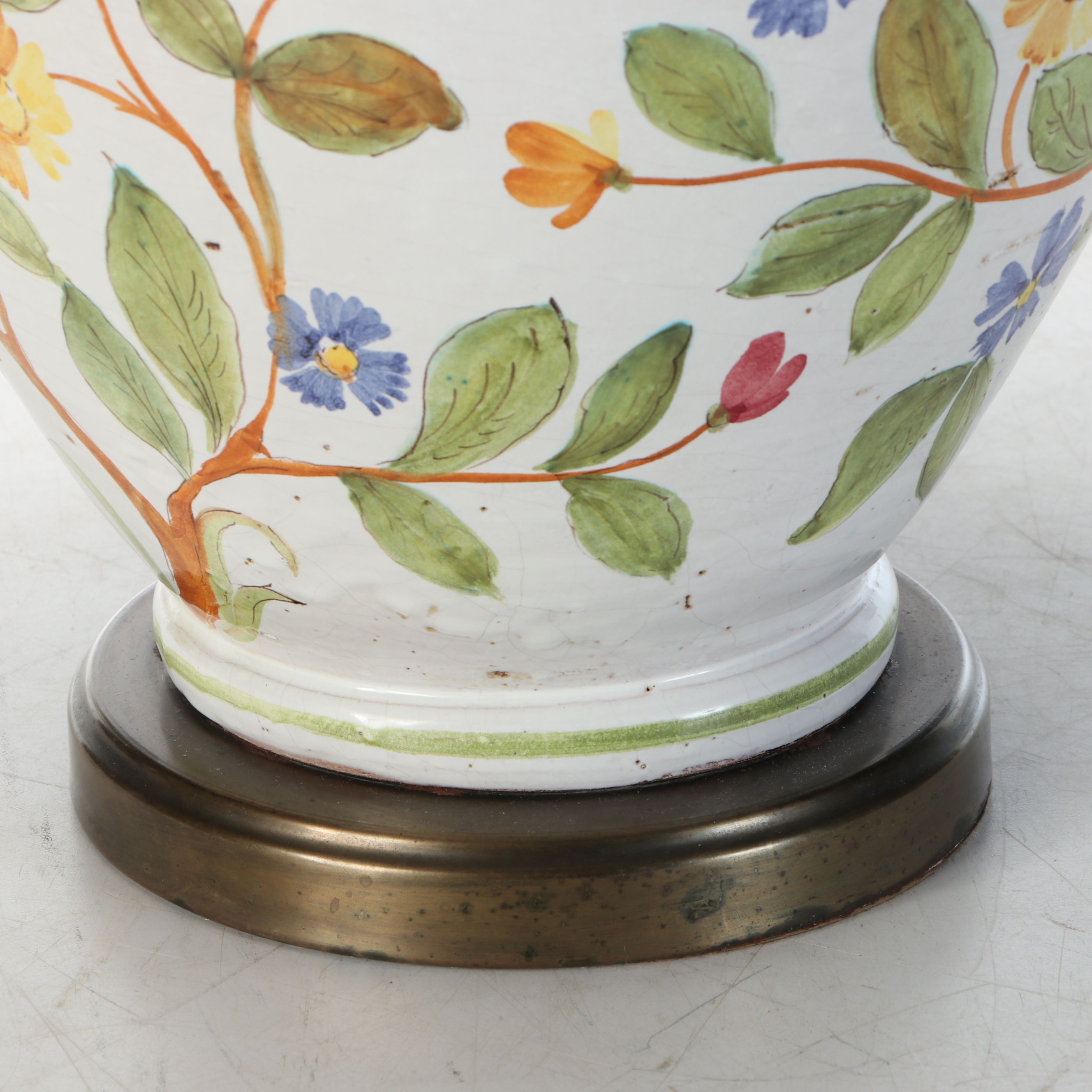 Hand-Painted Floral Motif Ceramic Table Lamp with Shirred Cotton Shade