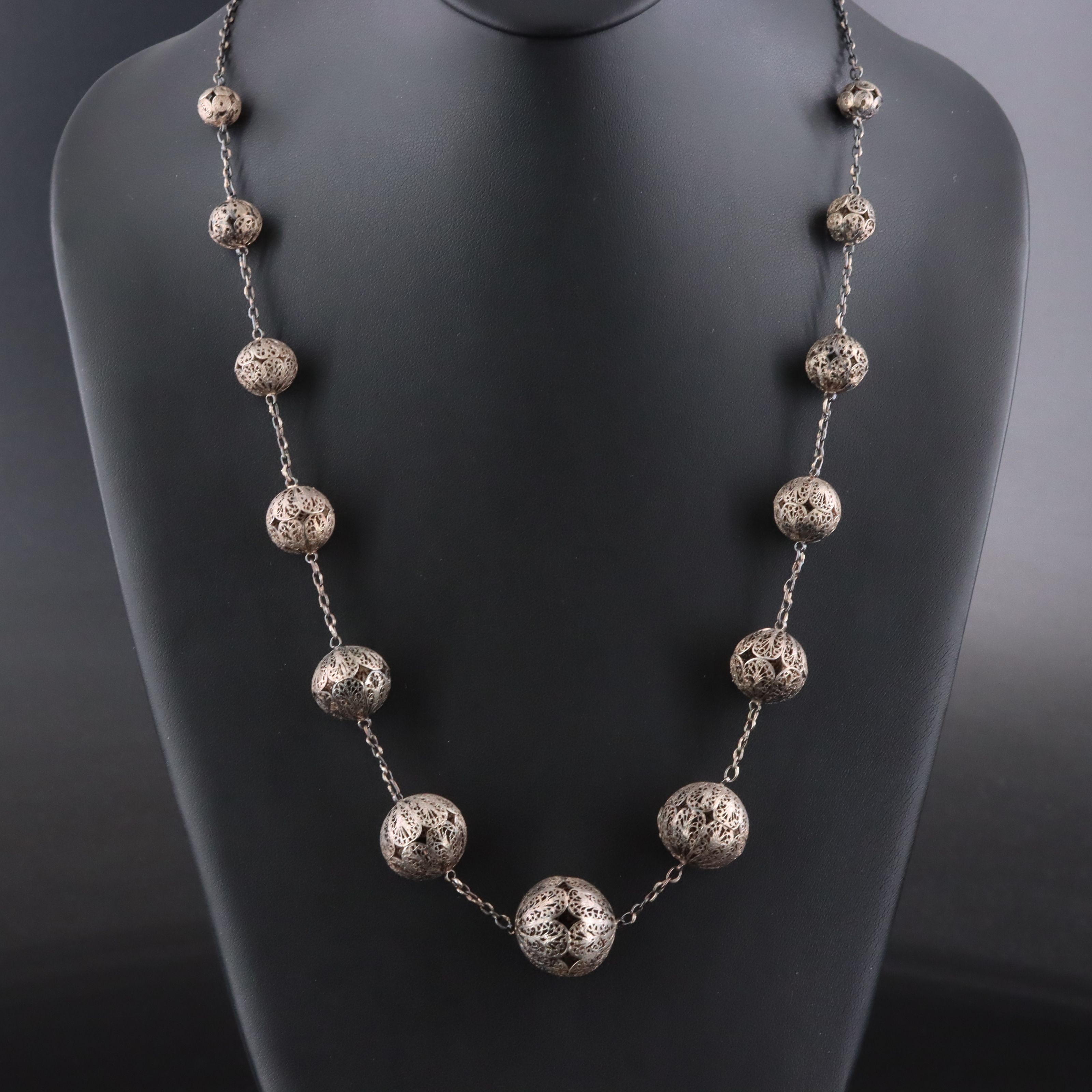 Vintage Sterling Graduated Filigree Bead Necklace