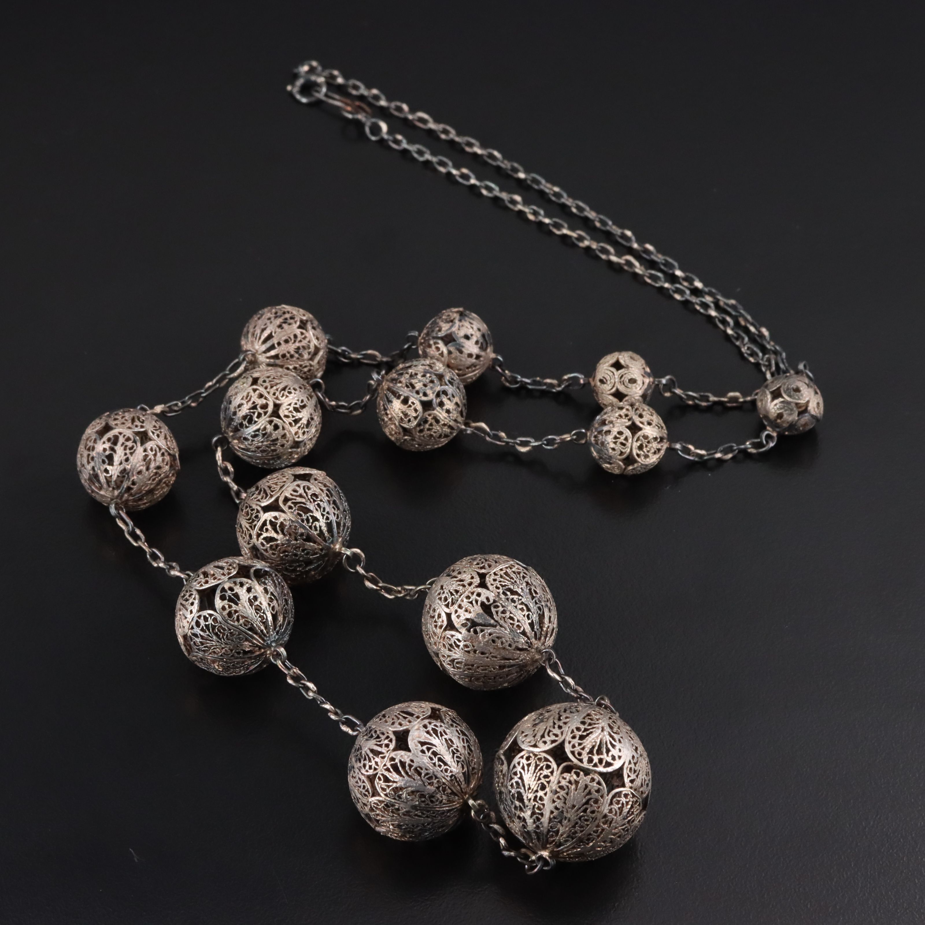 Vintage Sterling Graduated Filigree Bead Necklace