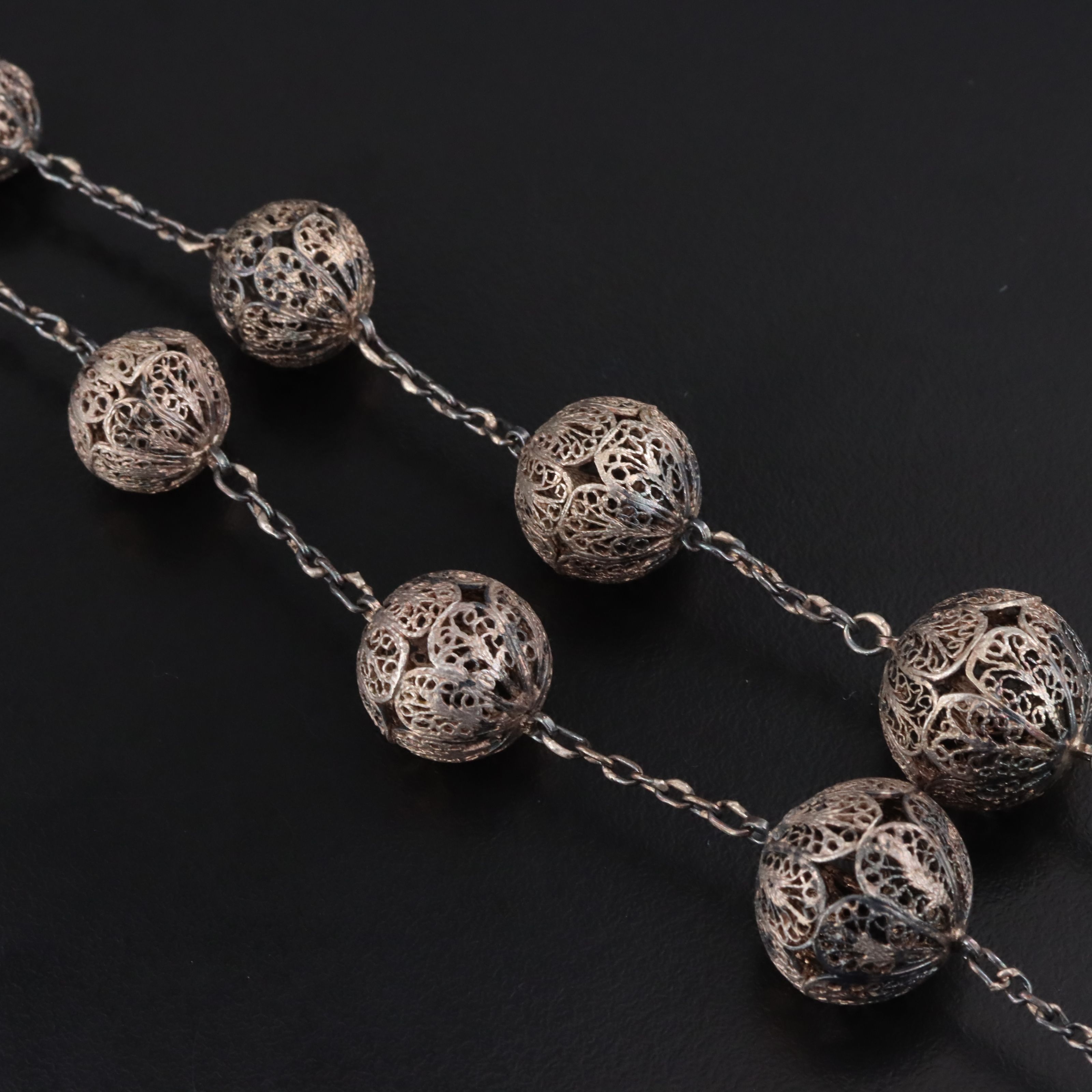 Vintage Sterling Graduated Filigree Bead Necklace