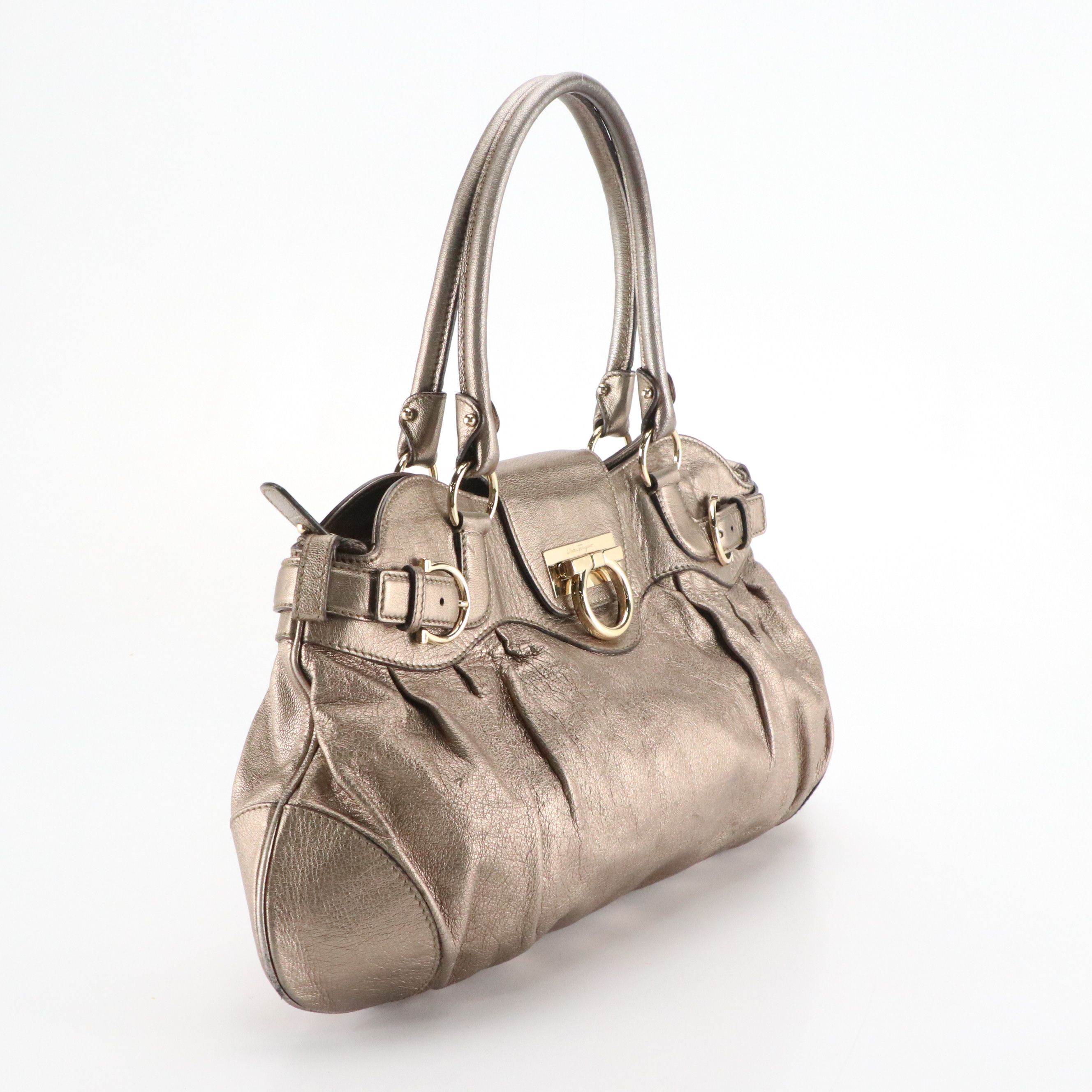 Salvatore Ferragamo Marisa Shoulder Bag in Metallic Silver Calfskin Leather