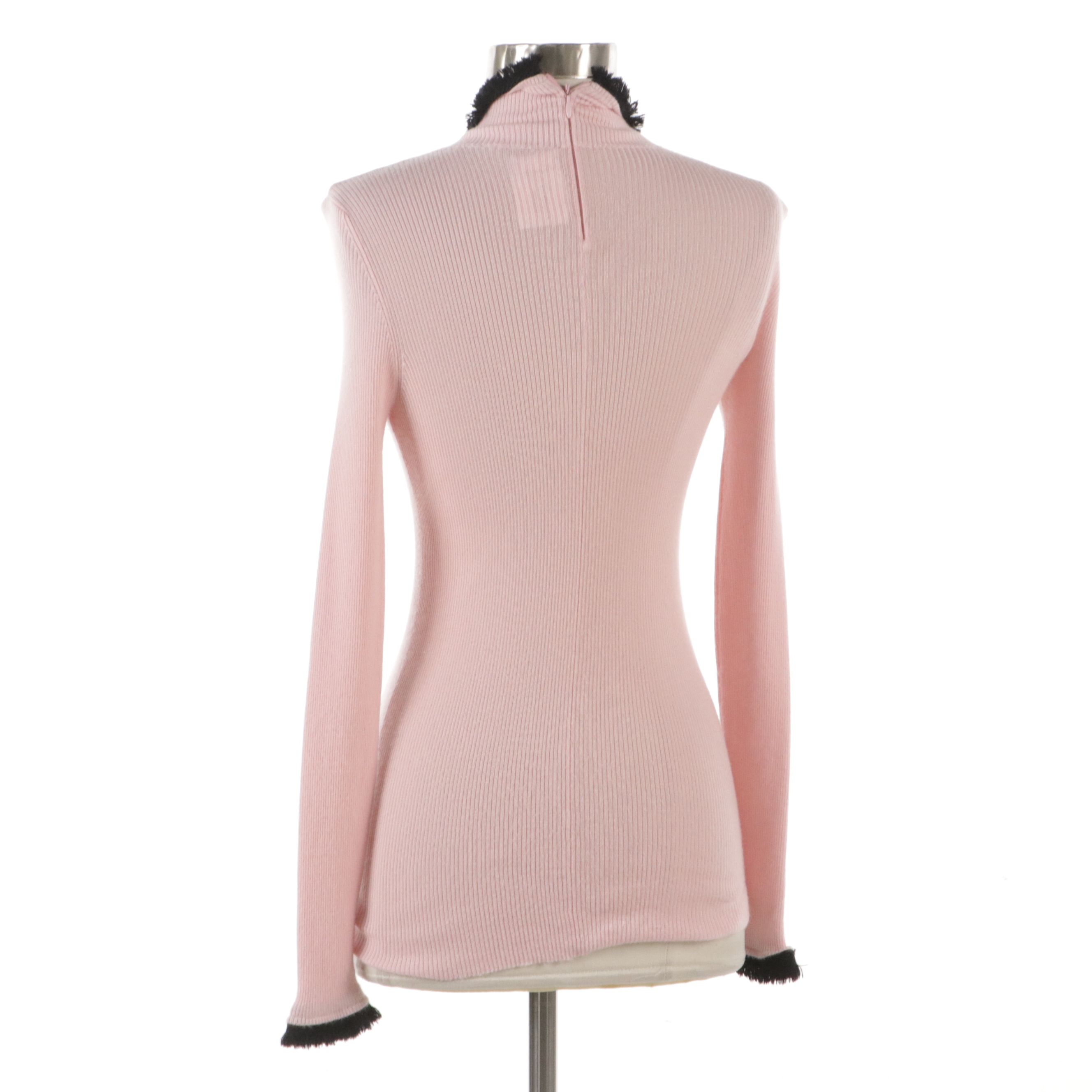 Chanel Pink Ribbed Knit Cashmere Blend Sweater with Black Trim