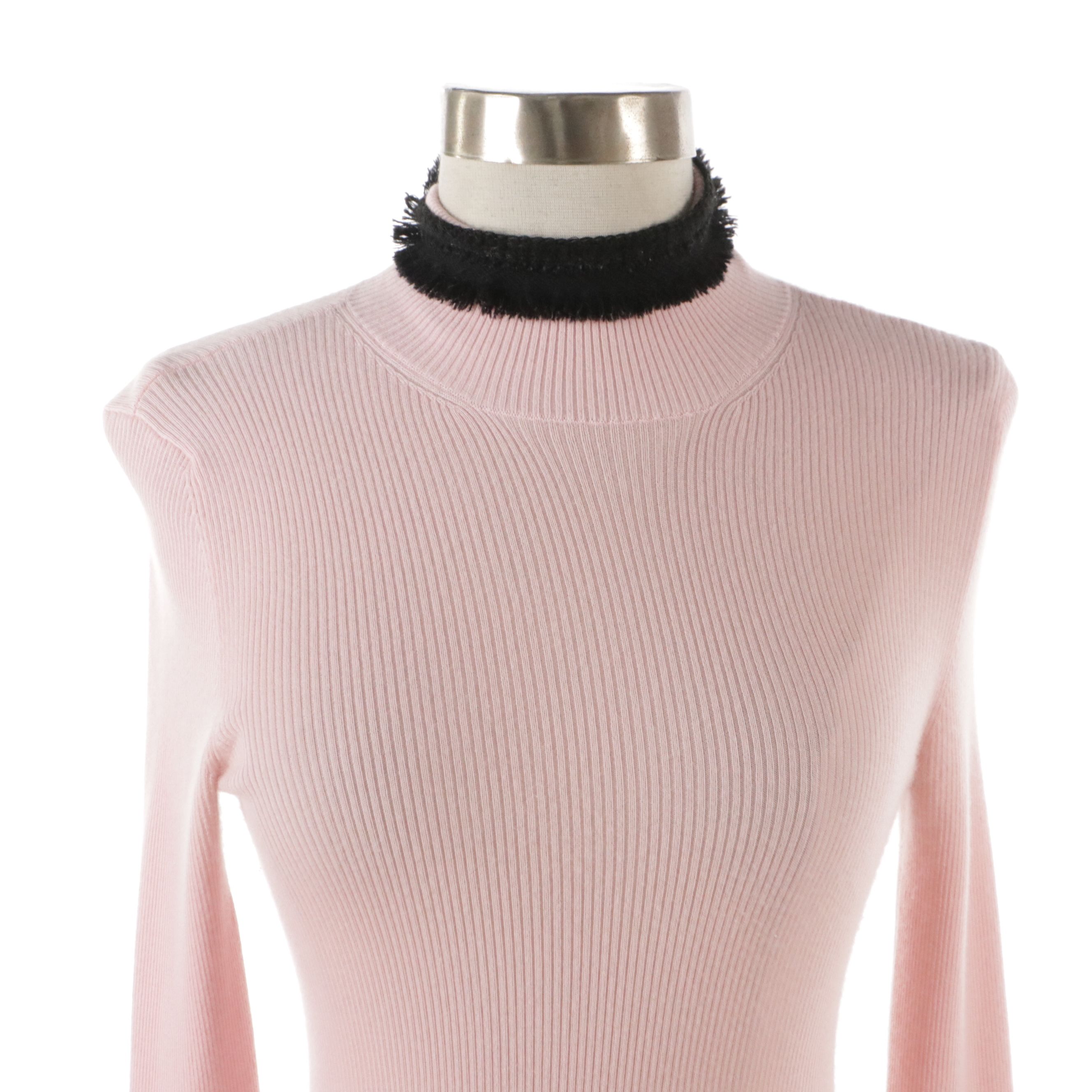 Chanel Pink Ribbed Knit Cashmere Blend Sweater with Black Trim