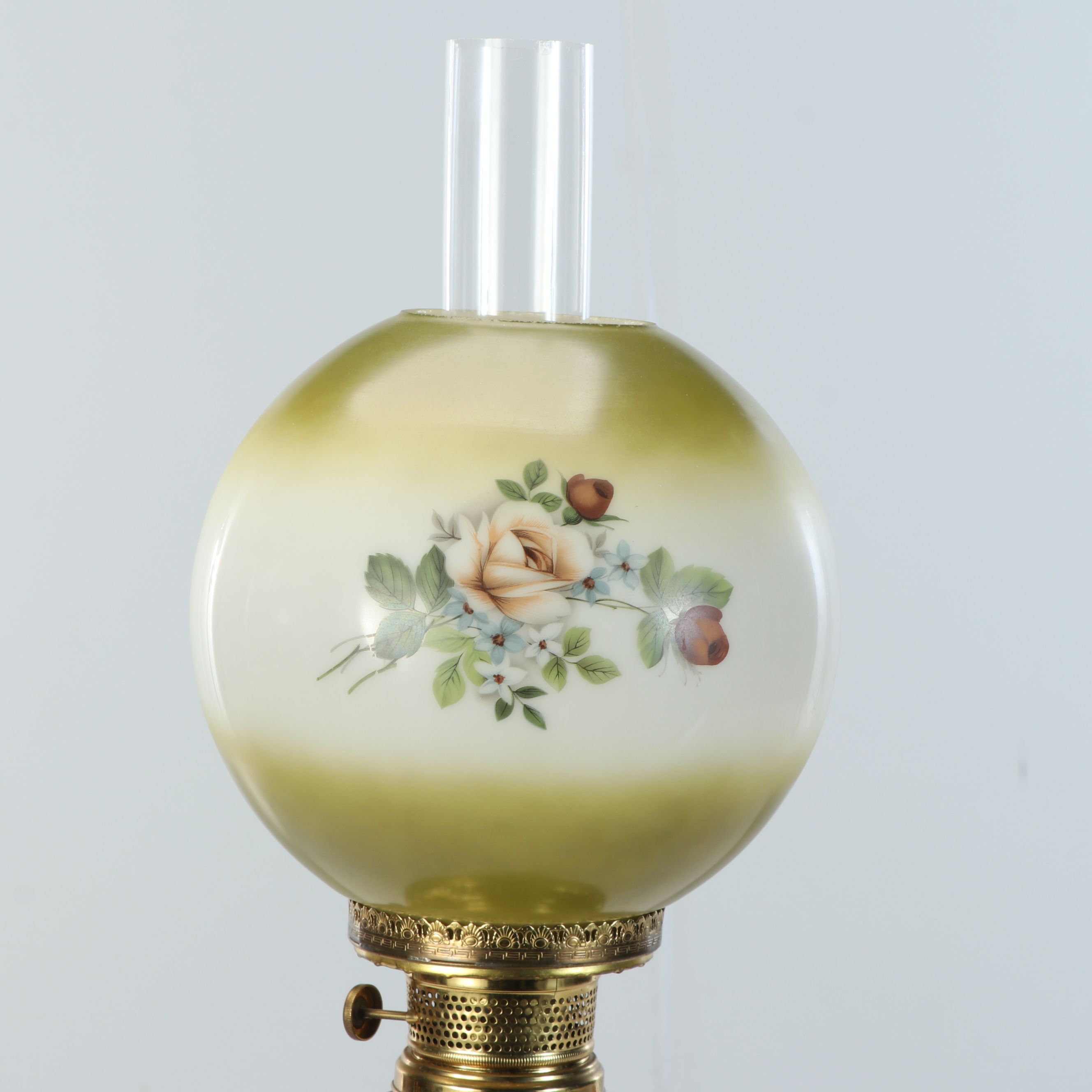 Victorian Style Brass and Painted Glass Banquet Lamp, 20th Century