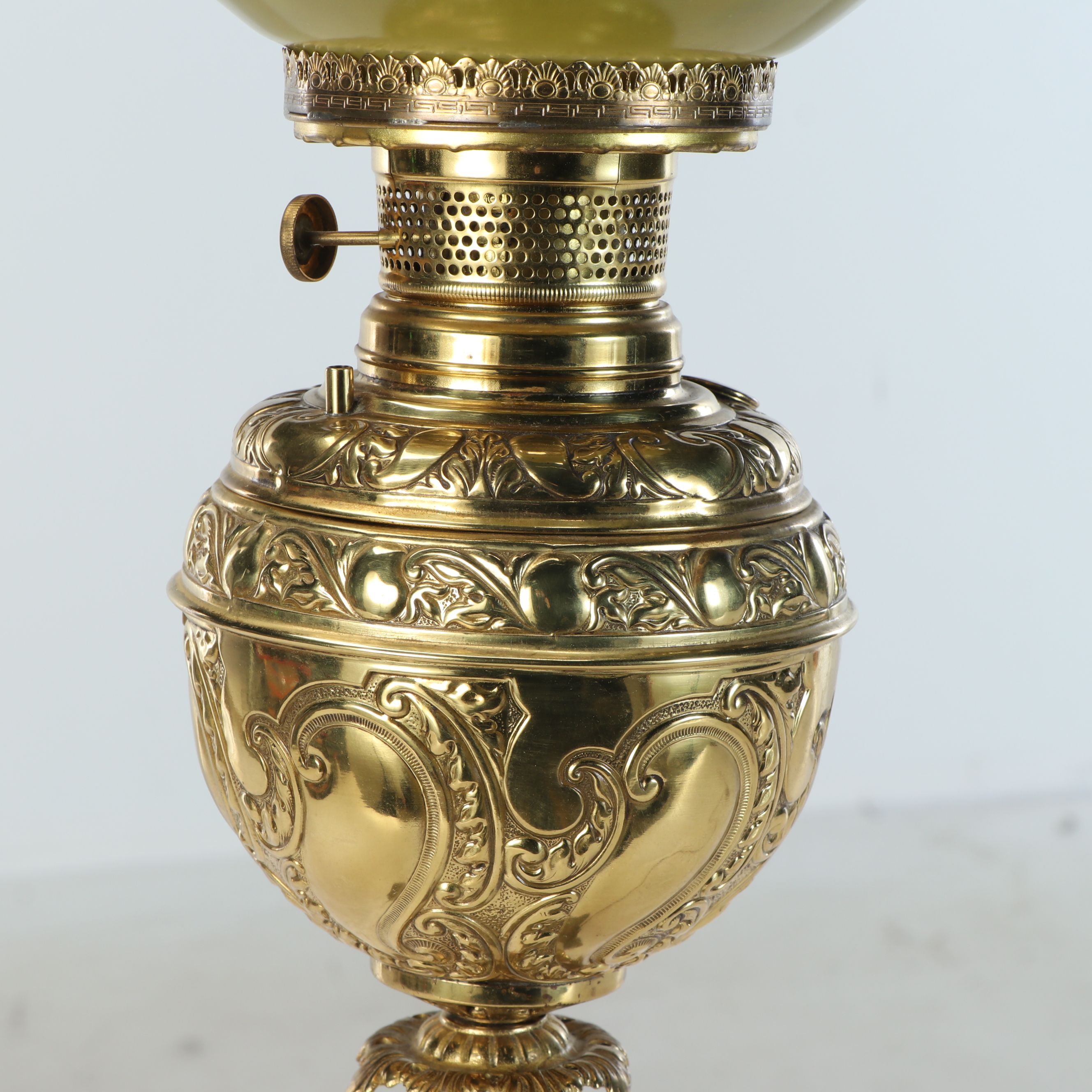 Victorian Style Brass and Painted Glass Banquet Lamp, 20th Century
