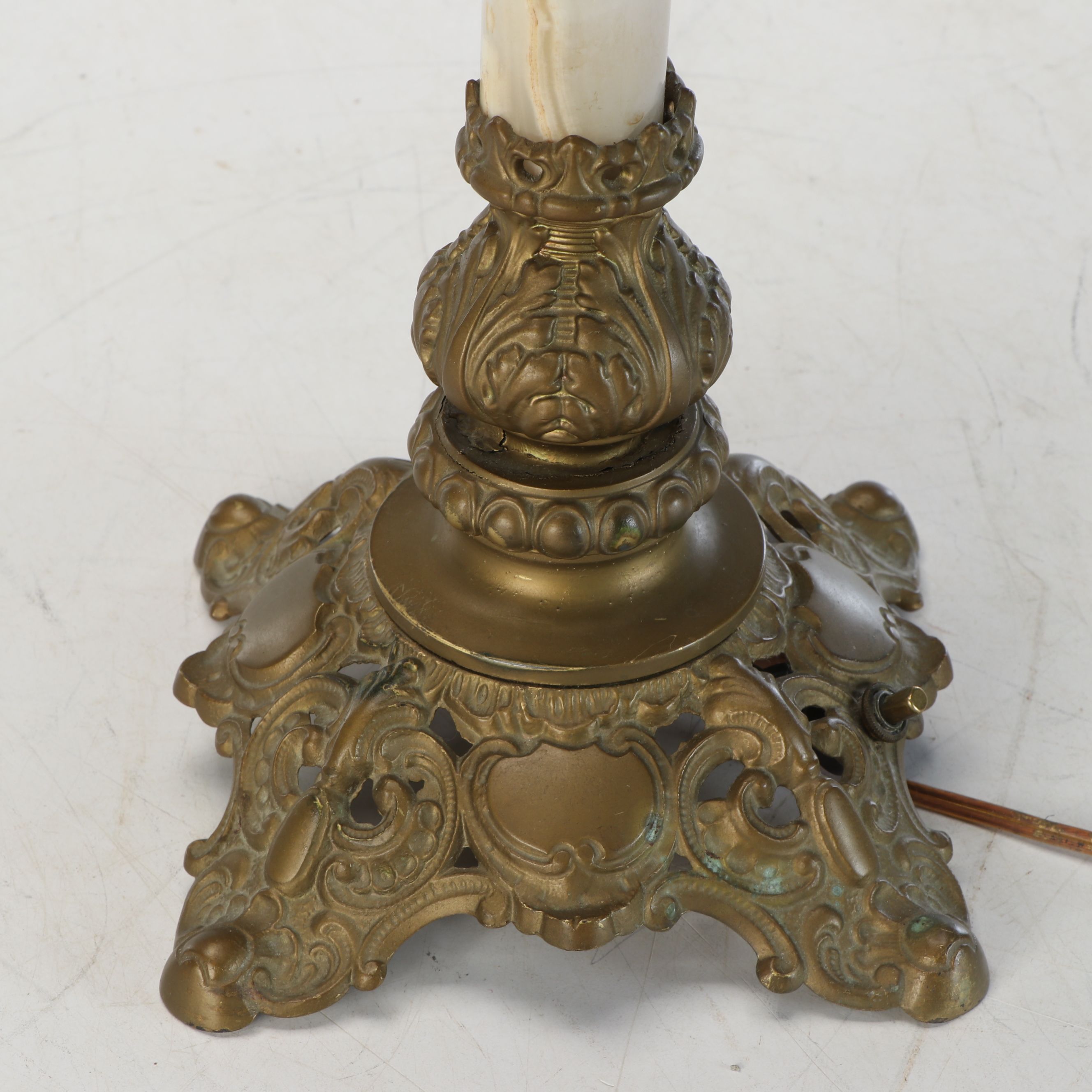 Victorian Style Brass and Painted Glass Banquet Lamp, 20th Century