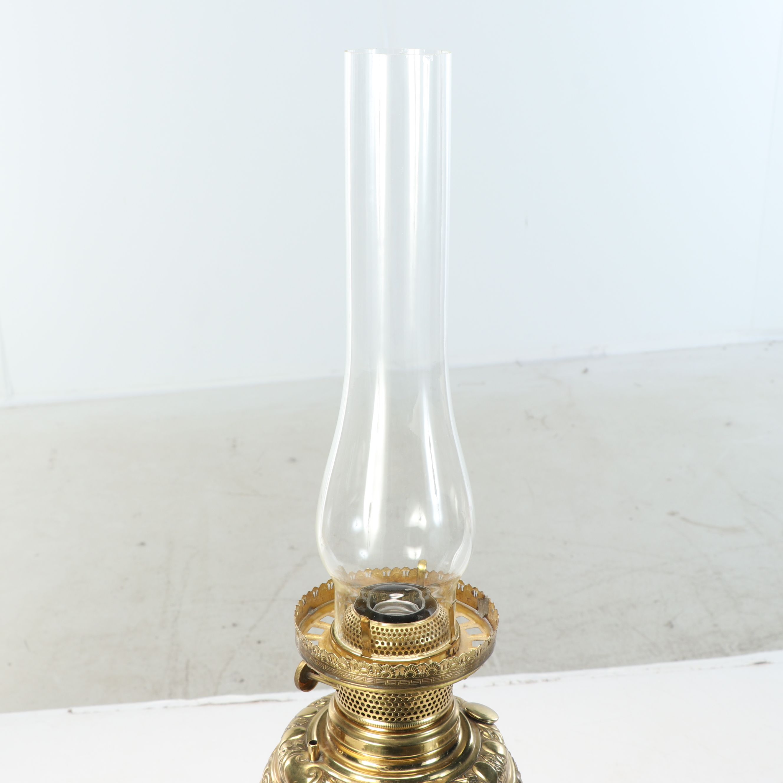 Victorian Style Brass and Painted Glass Banquet Lamp, 20th Century