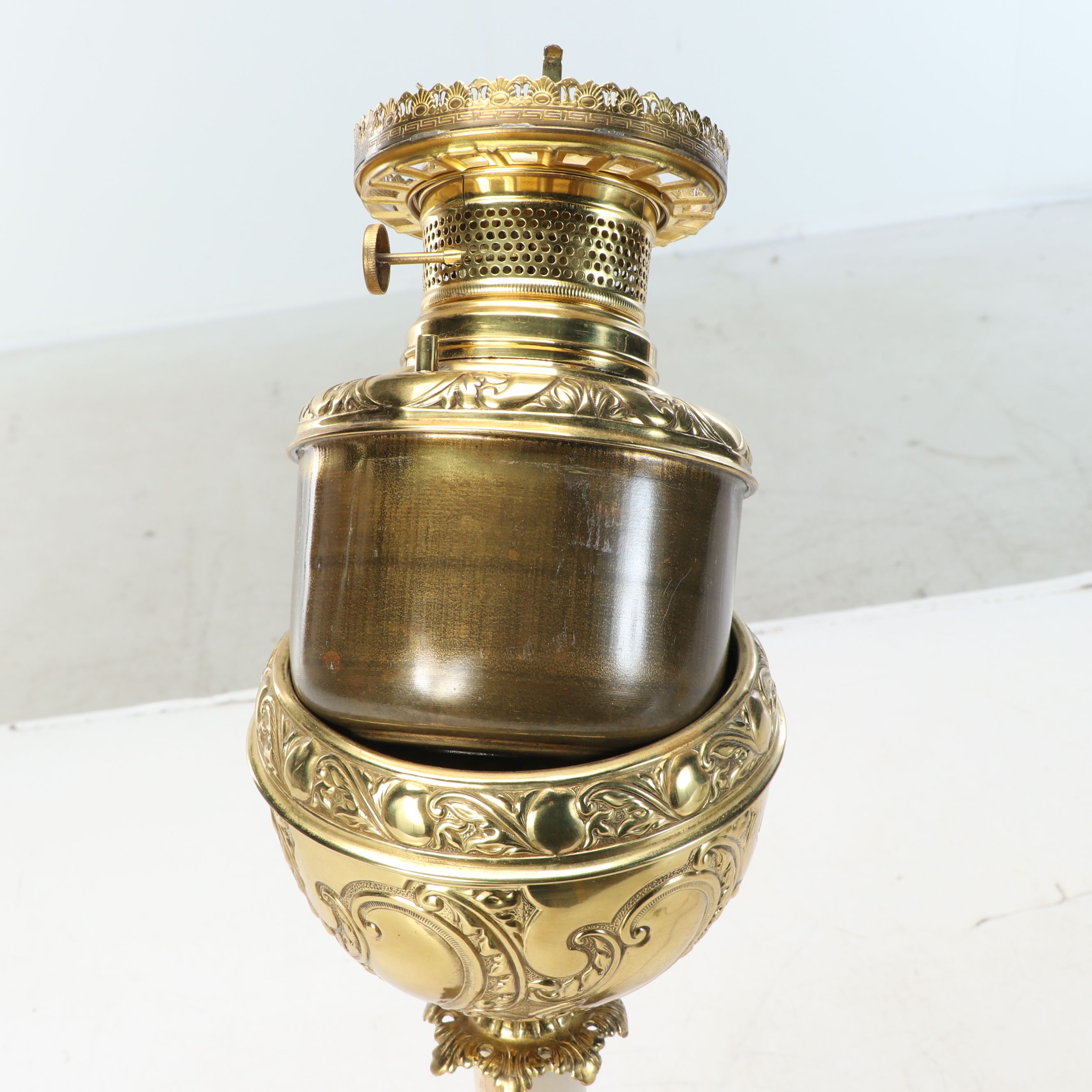 Victorian Style Brass and Painted Glass Banquet Lamp, 20th Century