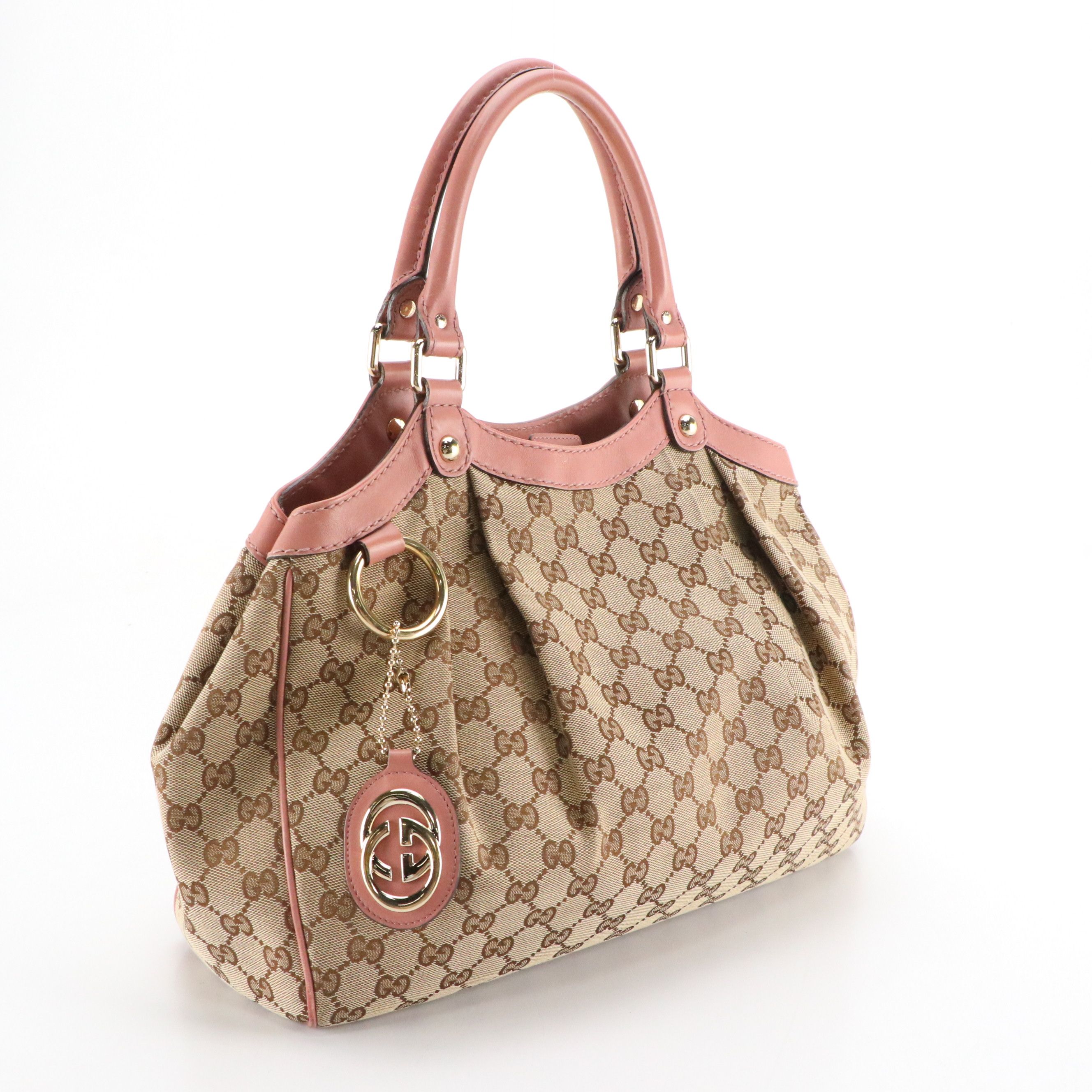 Gucci Sukey Handbag in GG Canvas and Blush Pink Calfskin Leather