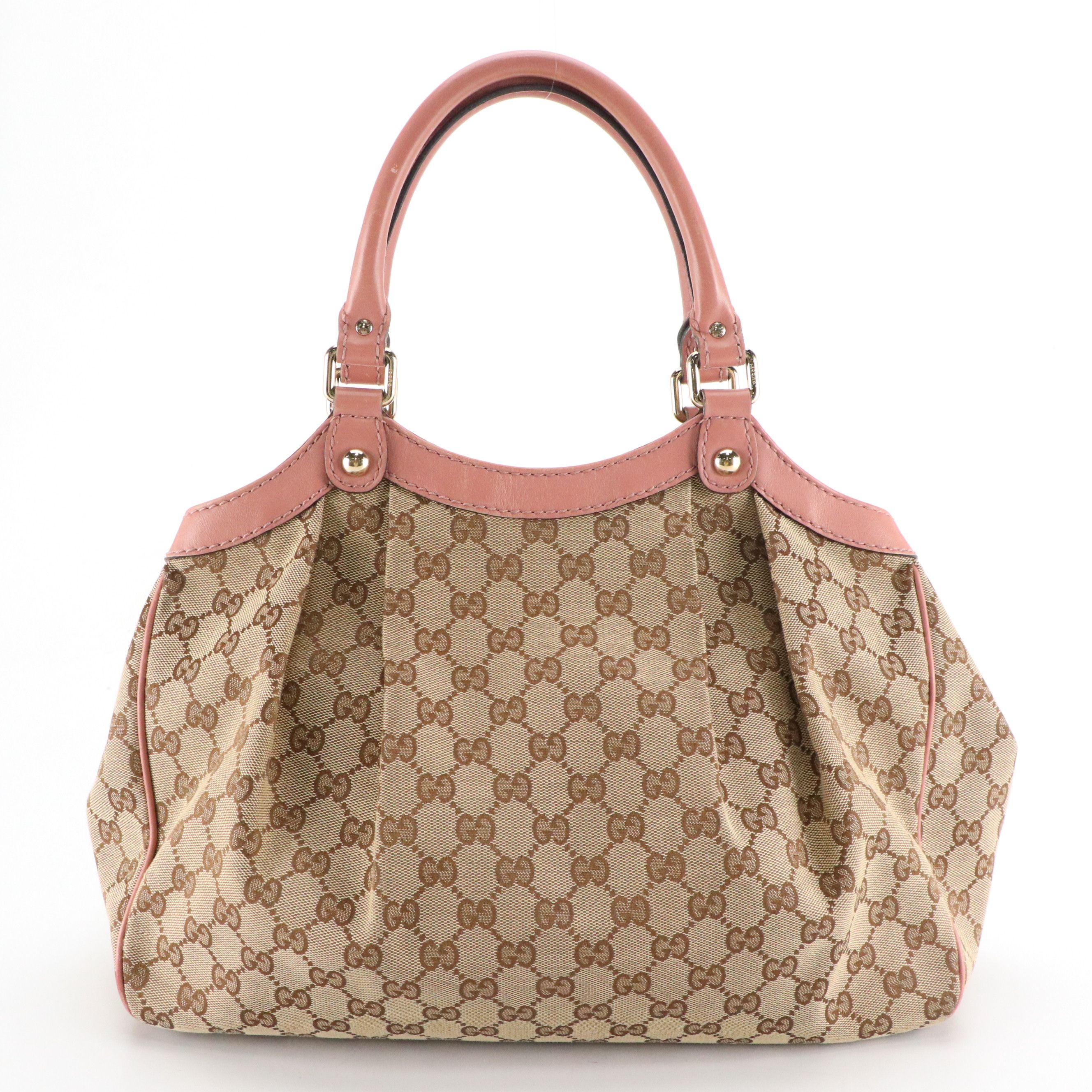 Gucci Sukey Handbag in GG Canvas and Blush Pink Calfskin Leather