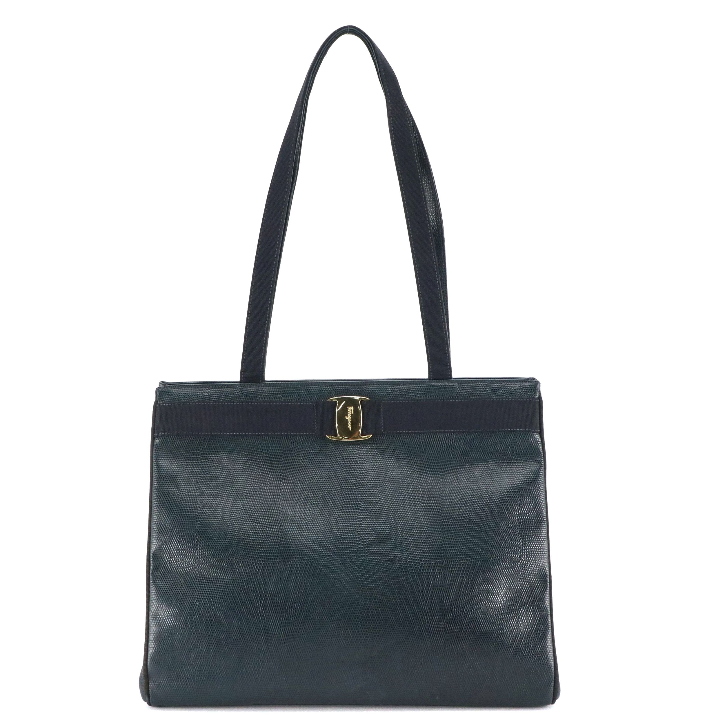 Salvatore Ferragamo Vara Bow Tote Bag in Navy Blue Lizard Embossed Leather