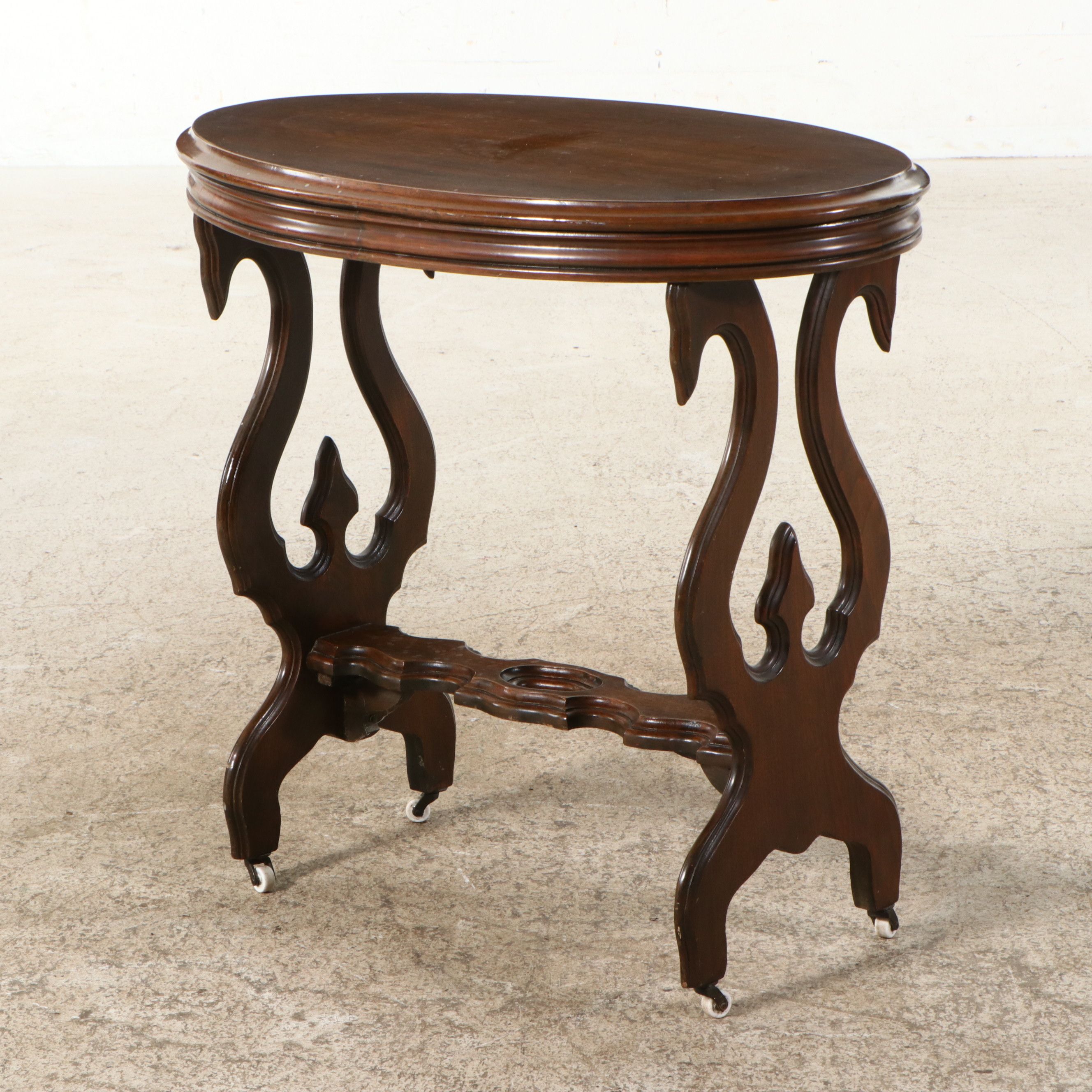 Victorian Revival Oval Lyre-Base Parlor Table, Early to Mid-20th Century