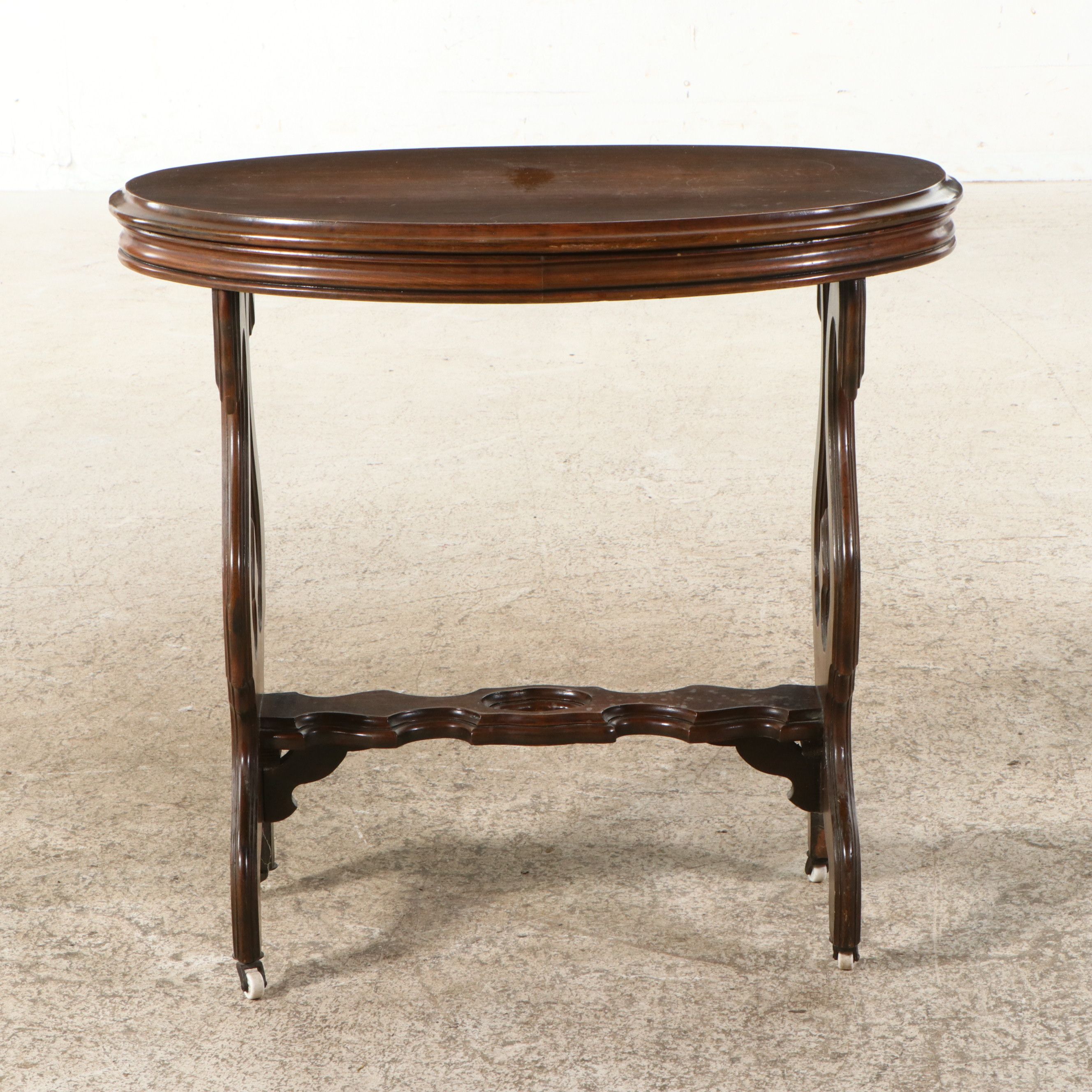 Victorian Revival Oval Lyre-Base Parlor Table, Early to Mid-20th Century