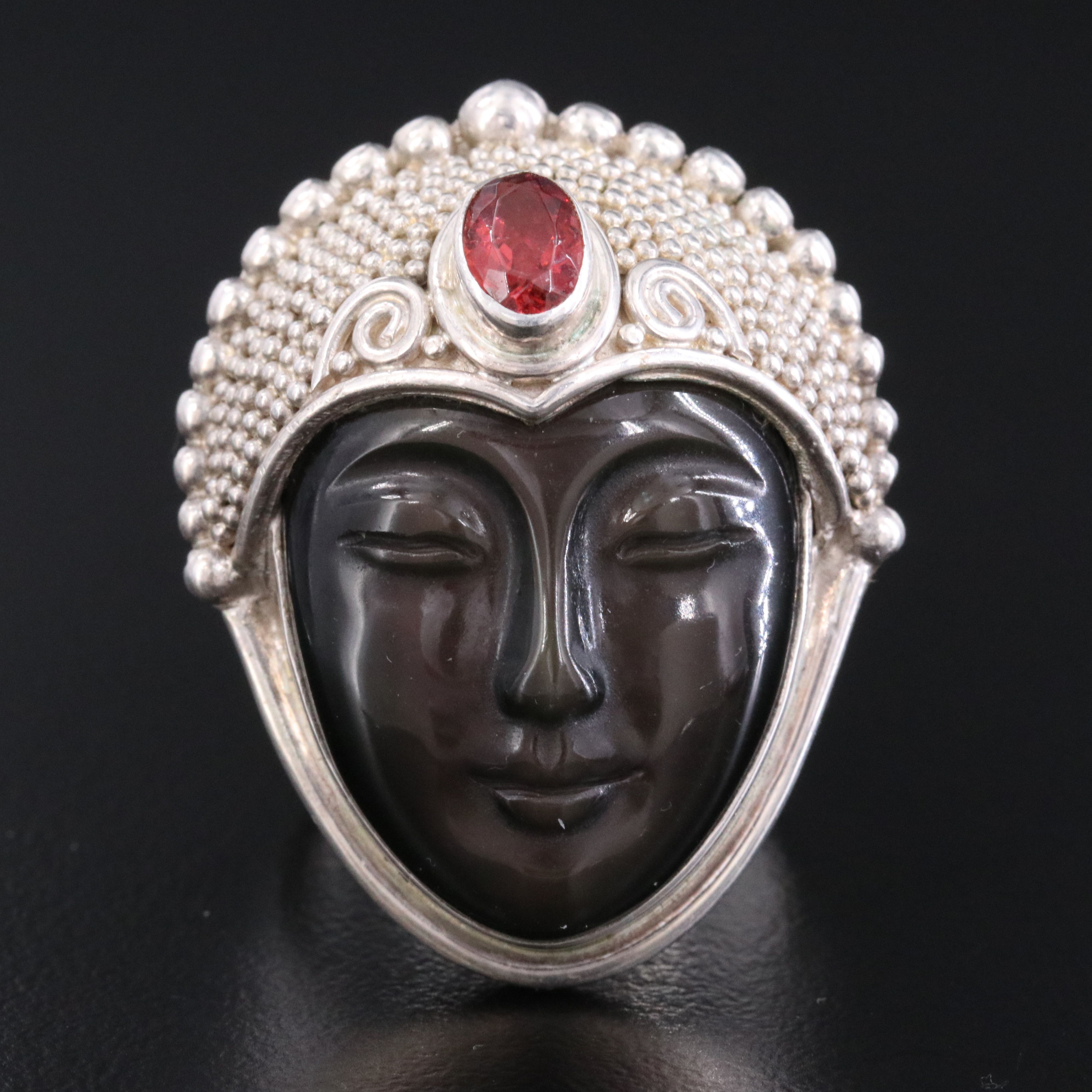 Sajen Sterling Obsidian and Garnet Goddess Ring