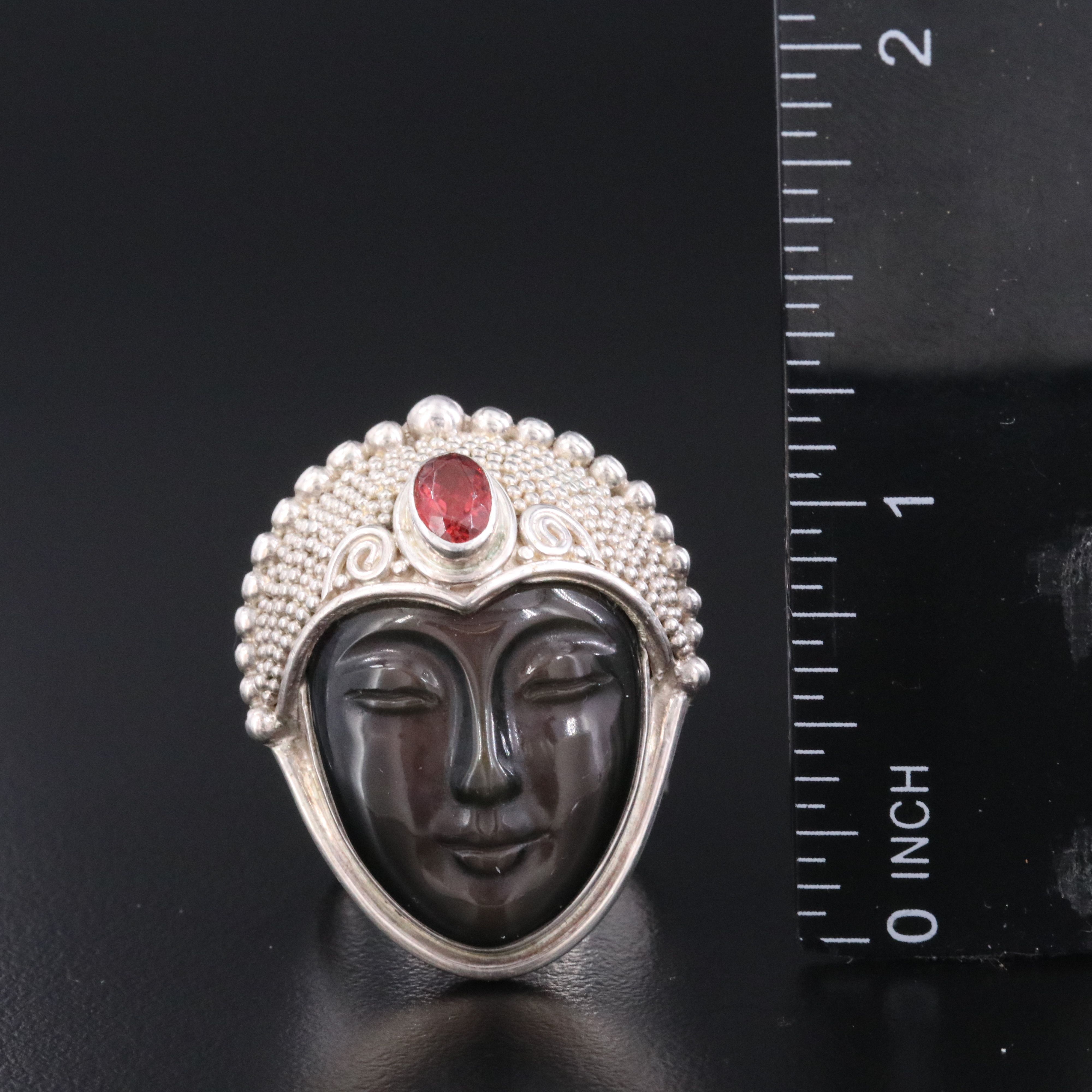 Sajen Sterling Obsidian and Garnet Goddess Ring