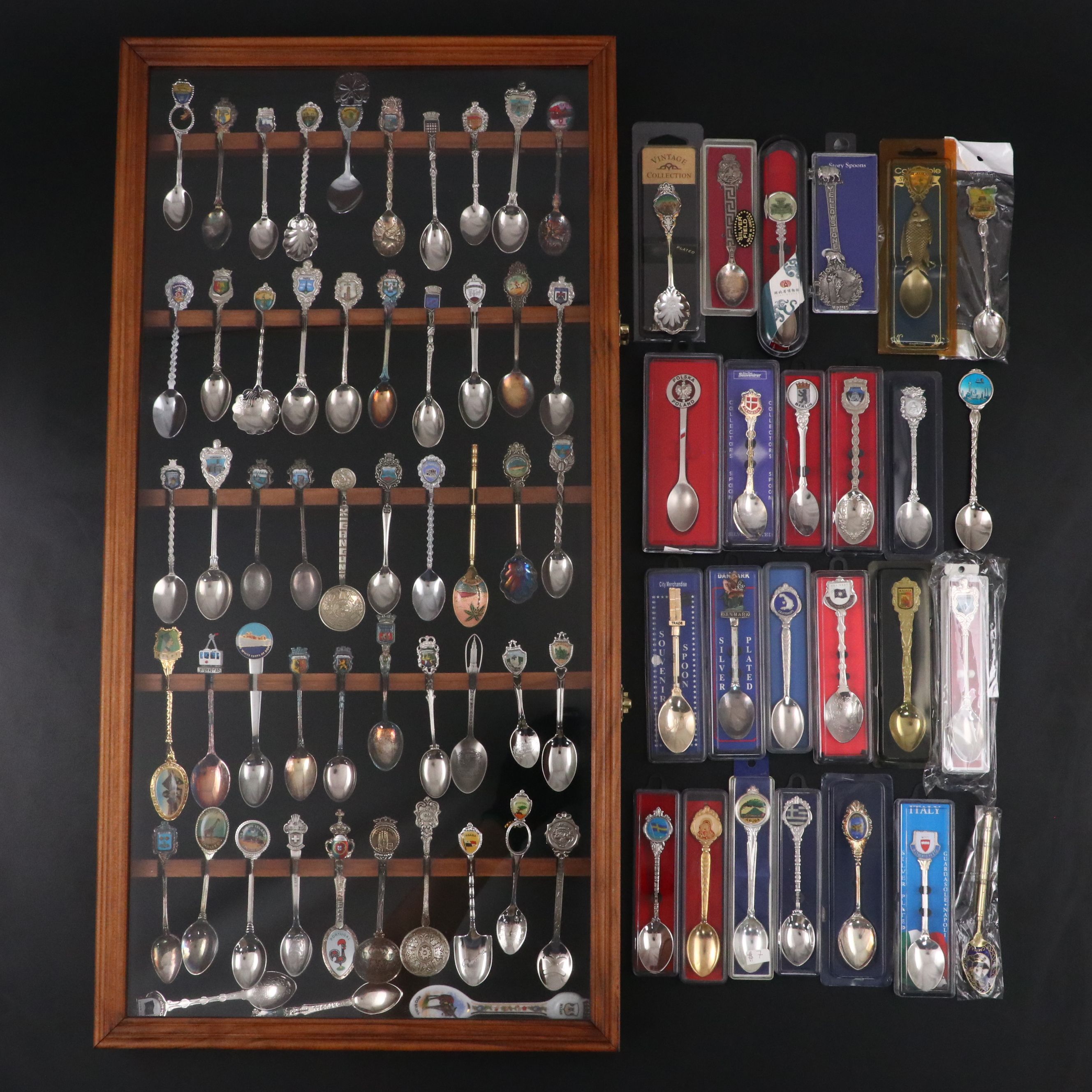 Metal and Ceramic Souvenir Spoons with Wood Display Case