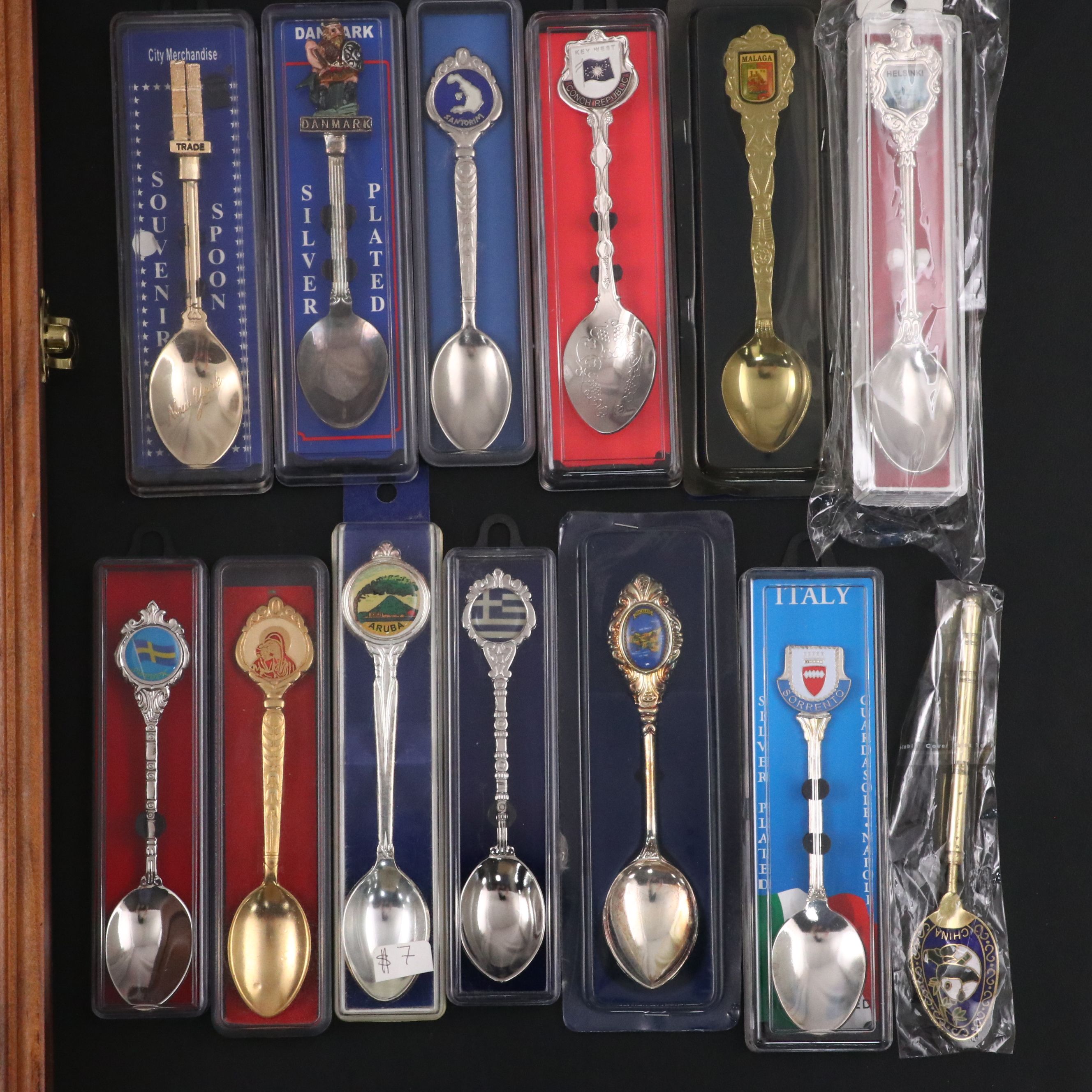 Metal and Ceramic Souvenir Spoons with Wood Display Case
