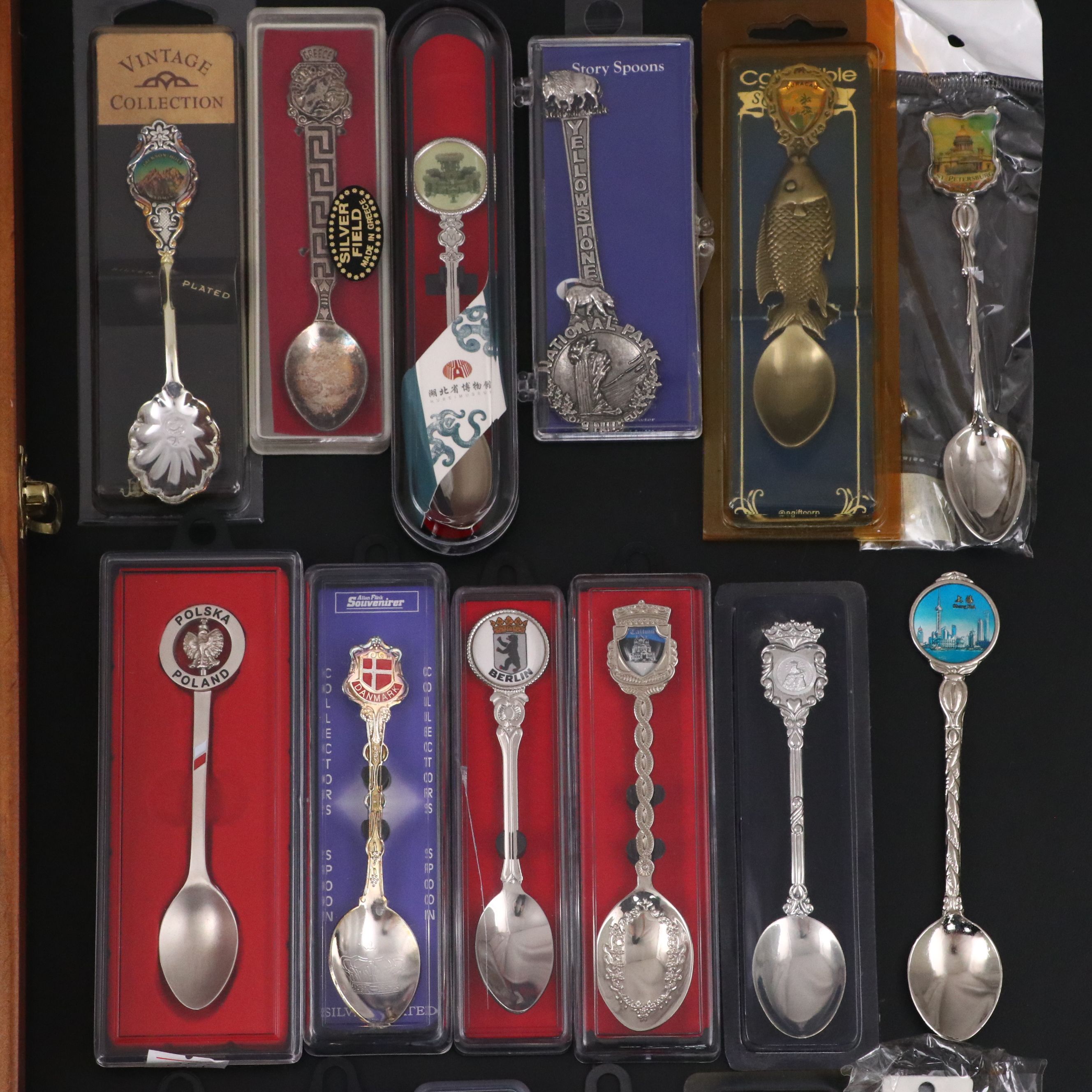Metal and Ceramic Souvenir Spoons with Wood Display Case